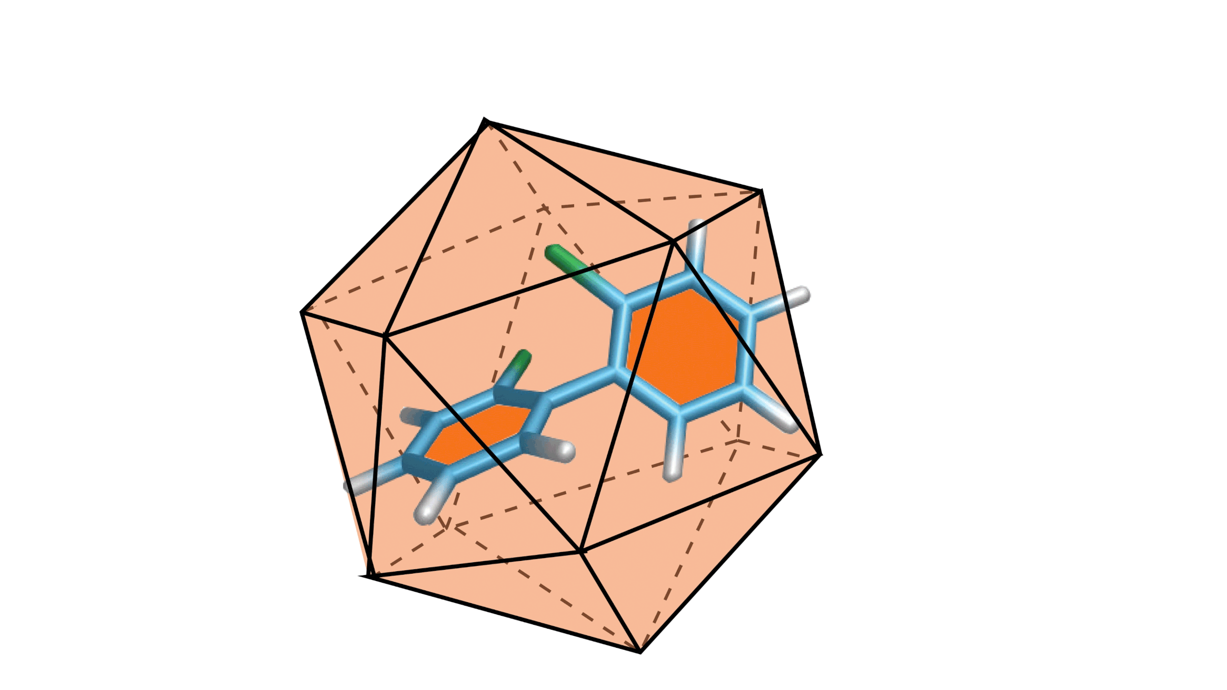 Molecular structure with blue and gray bonds inside a transparent, orange and peach geometrical shape with black outlines.