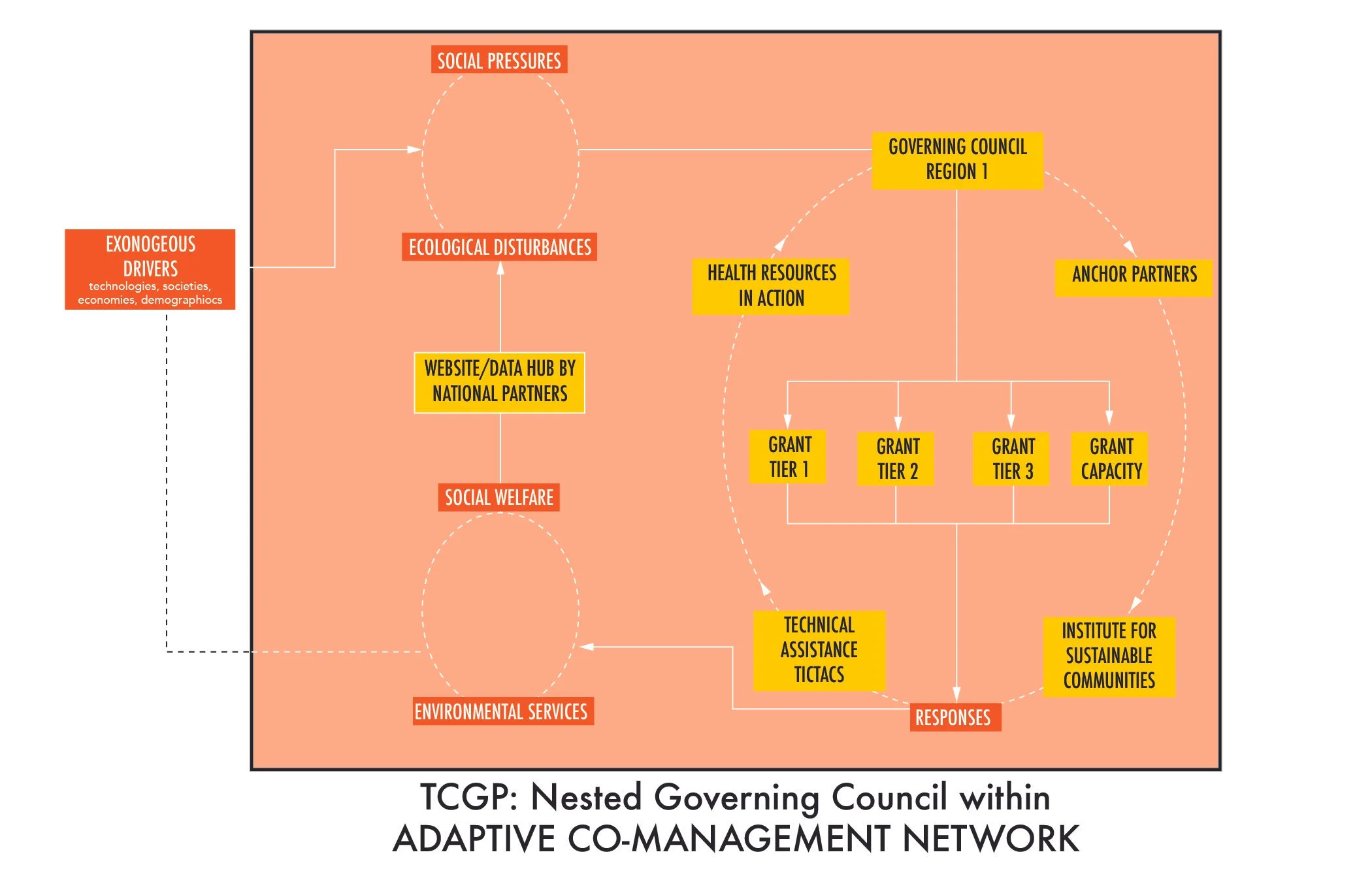 Diagram of a nested governing council within an adaptive co-management network related to sustainability, showing interactions among social pressures, ecological disturbances, health resources, financial grants, technical assistance, and sustainability institutes, with labels highlighting targeted responses and partnerships.