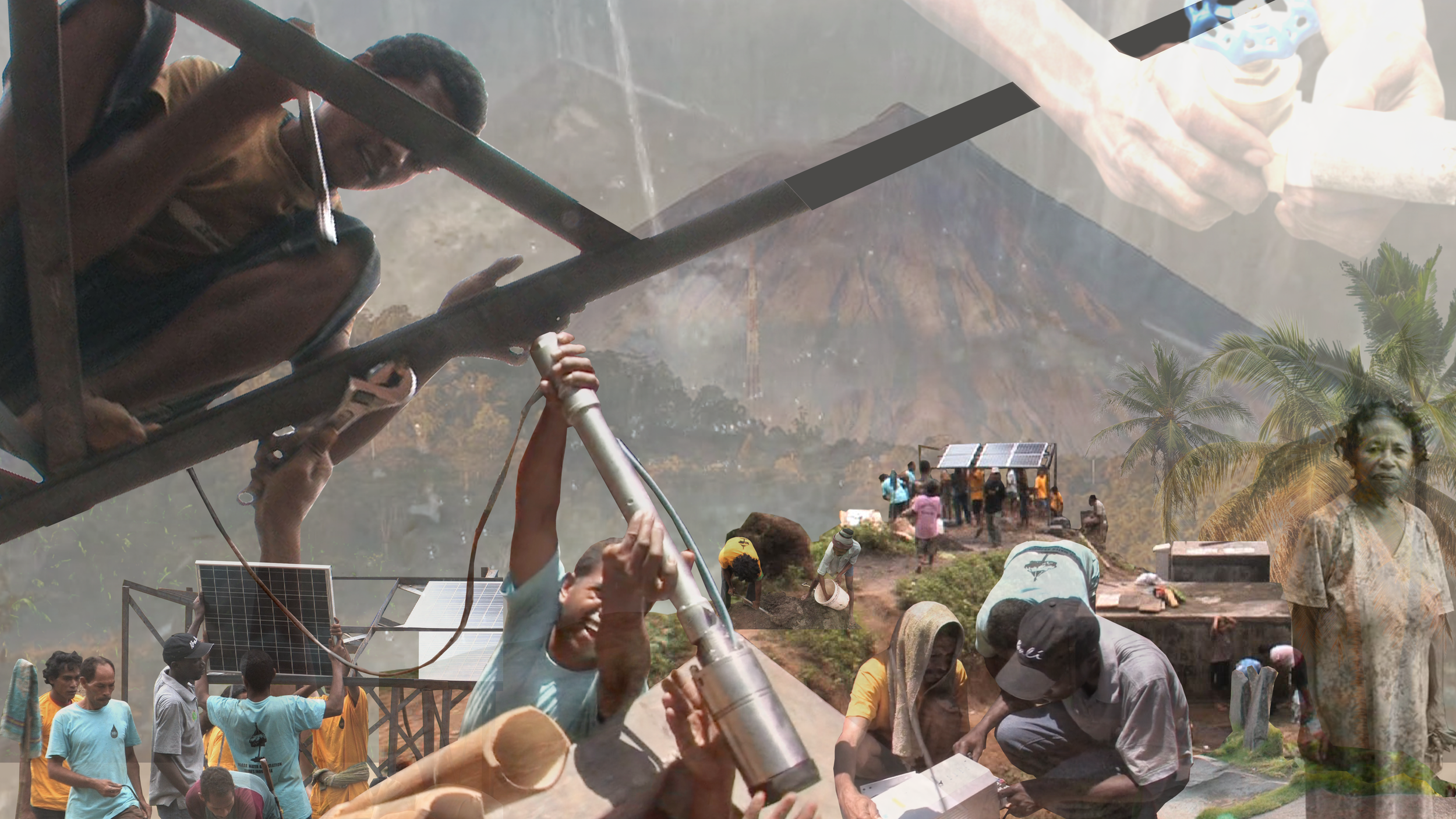 Photo collage of the installation of Solar Panels and Lorentz Water Pumps in Watu and Maghilewa villages in the Ngada Bajawa region of Flores, Indonesia.