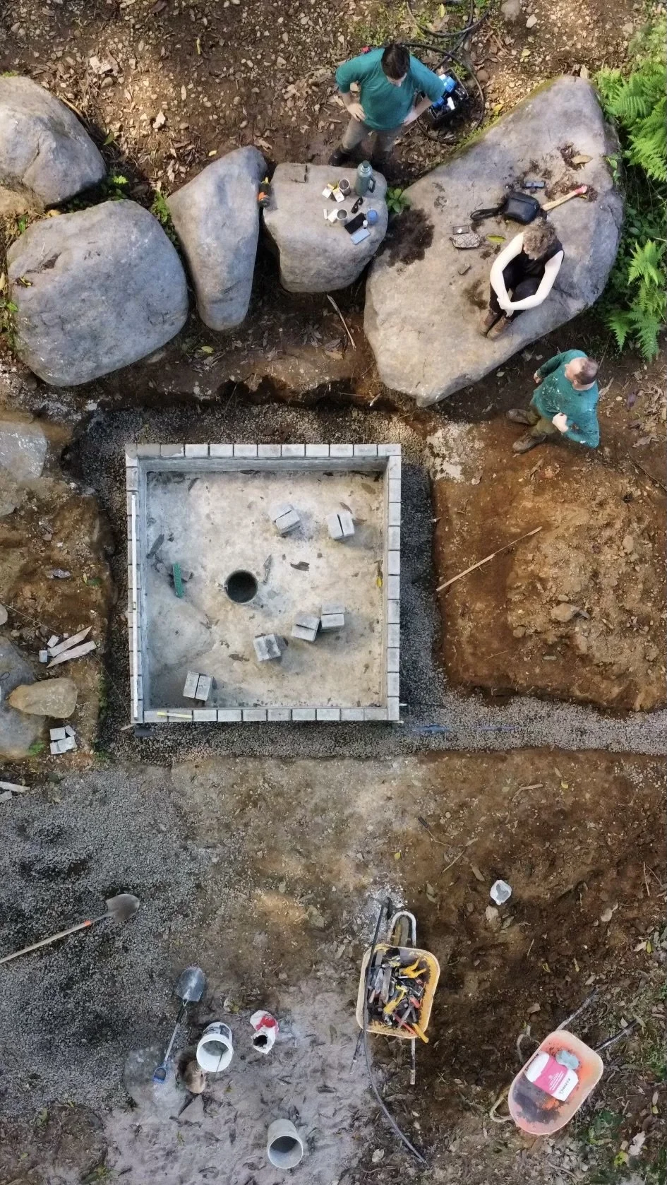 Drone shot of construction of reflecting pond at Rancho Garza in Costa Rica.