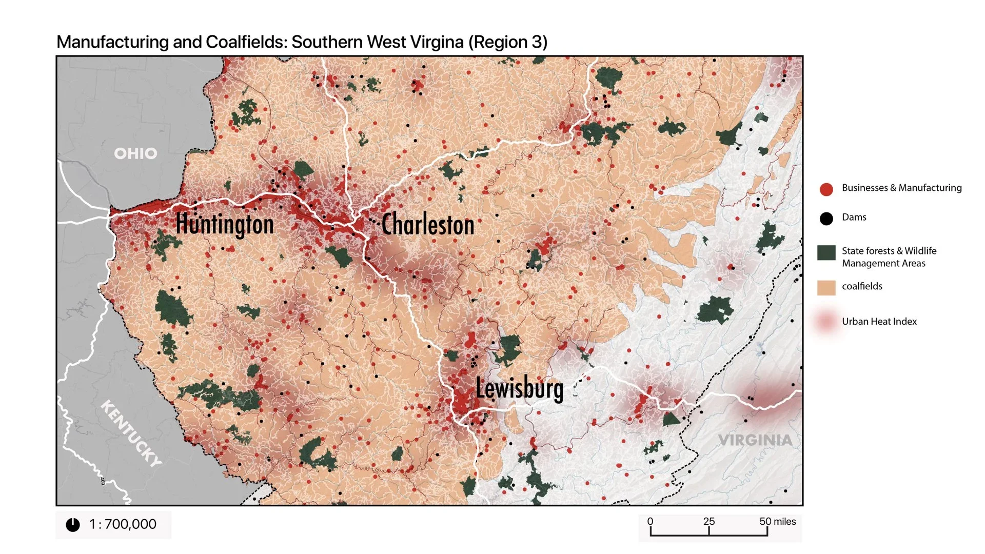 Map of Southern West Virginia showing manufacturing businesses, dams, state forests, coalfields, and urban heat areas, with three major cities: Huntington, Charleston, and Lewisburg.