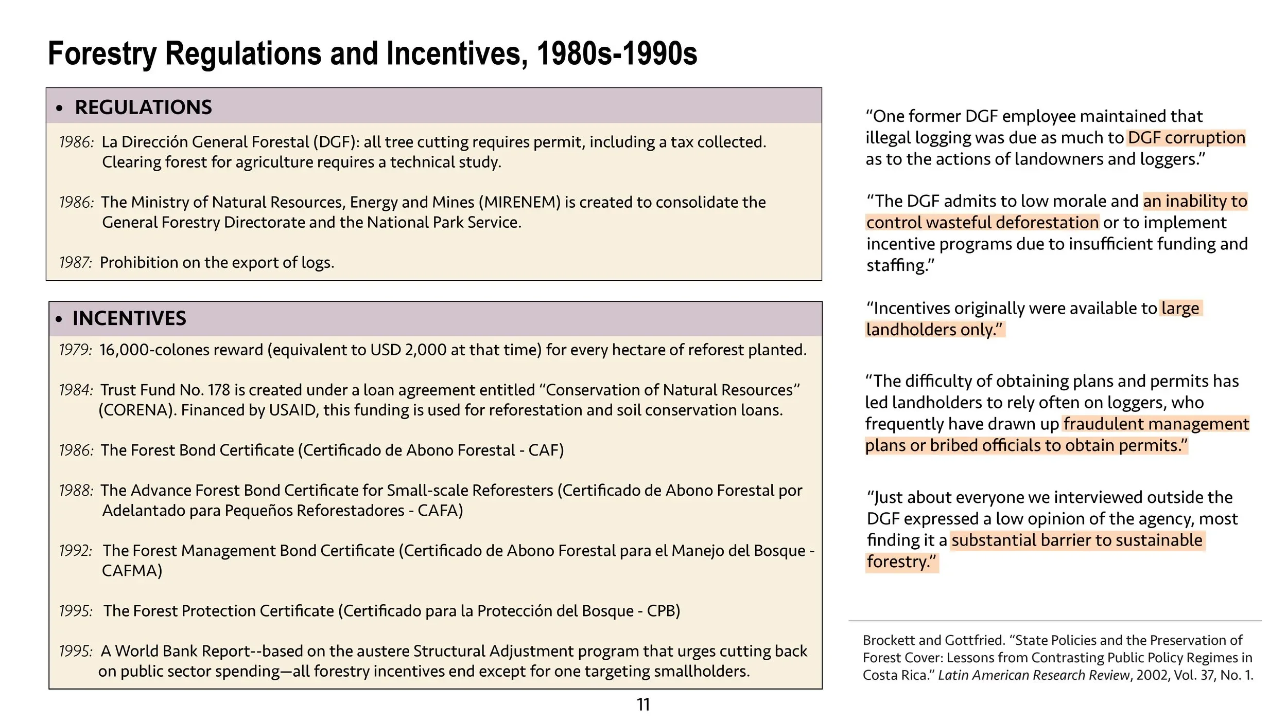 A diagram of Costa Rican forestry regulations and incentives between the 1980s and 1990s.
