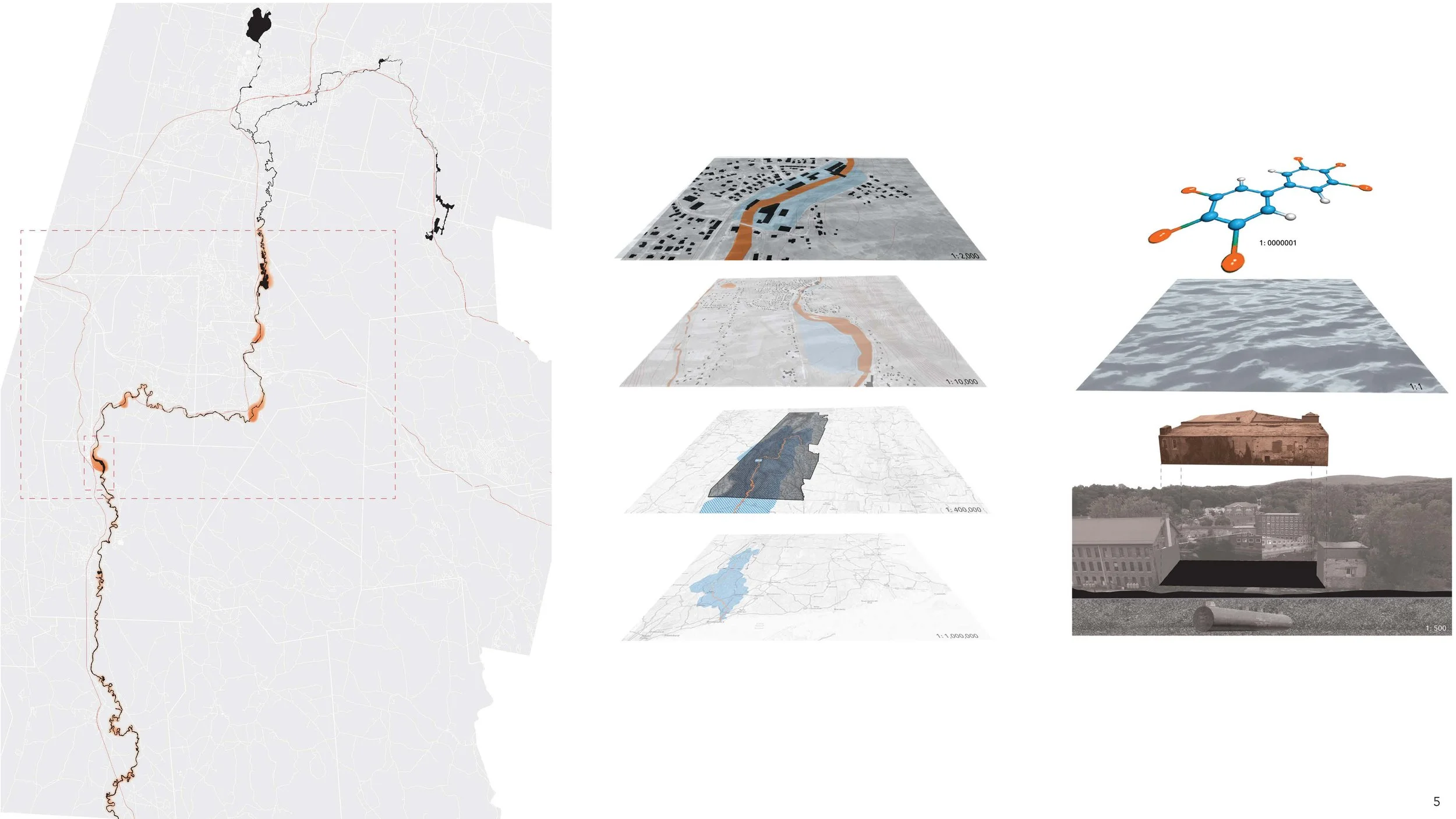 A collection of maps, diagrams, and 3D models of a river and its surrounding area, showing terrain, water bodies, and infrastructure from various perspectives.