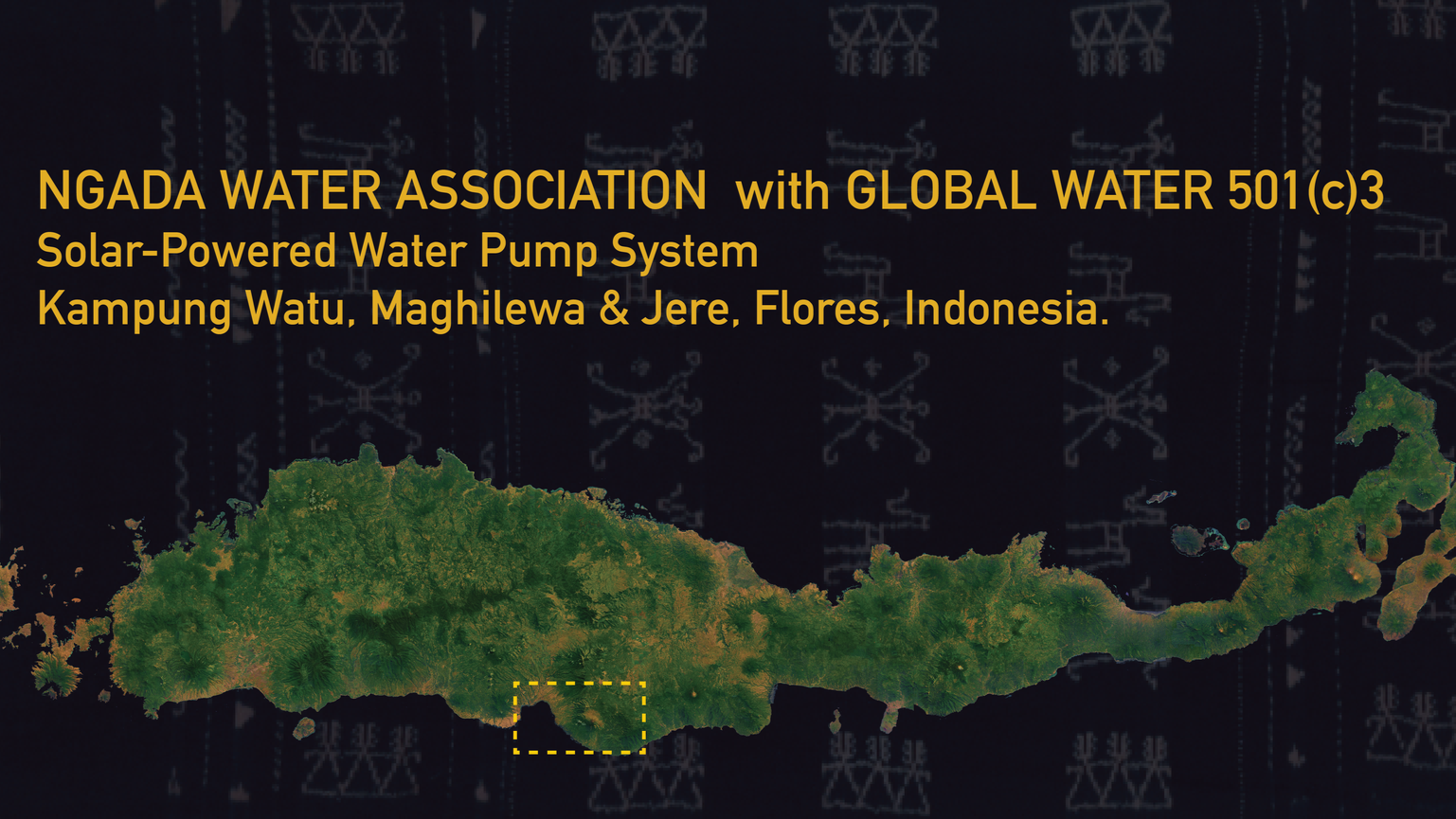 Map of Indonesia with text overlay highlighting NGADA WATER ASSOCIATION and a solar-powered water pump system in Kampung Watu, Magilewa & Jere, Flores, Indonesia.