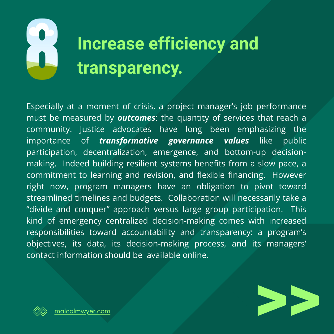 Guides crisis-focused project managers on balancing rapid service delivery with accountability, transparency, and adaptive governance in community programs.