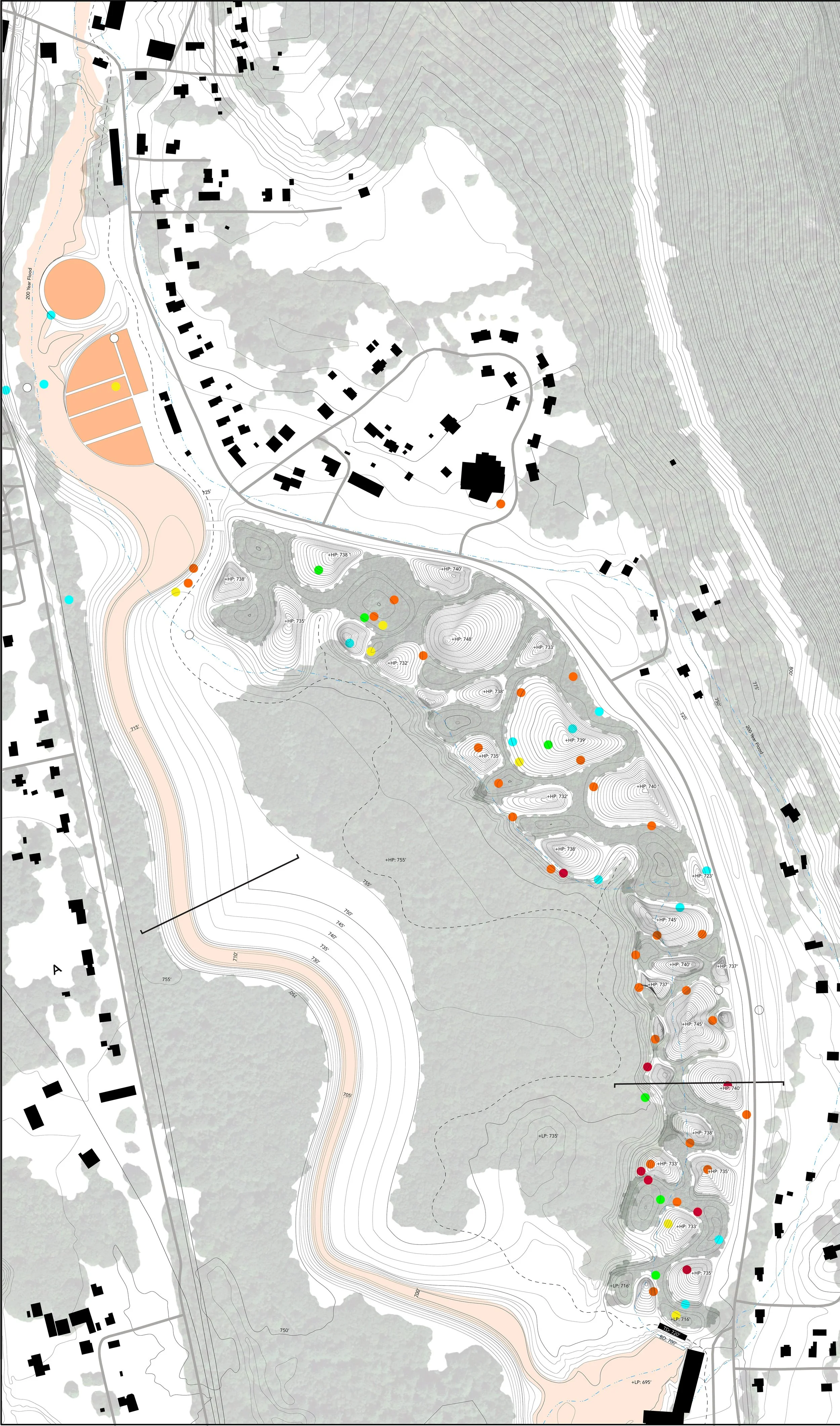 Rising Pond Intervention proposal by Malcolm Wyer in Great Barrington, Massachusetts, showing PCB waste landscape and river bypass design.