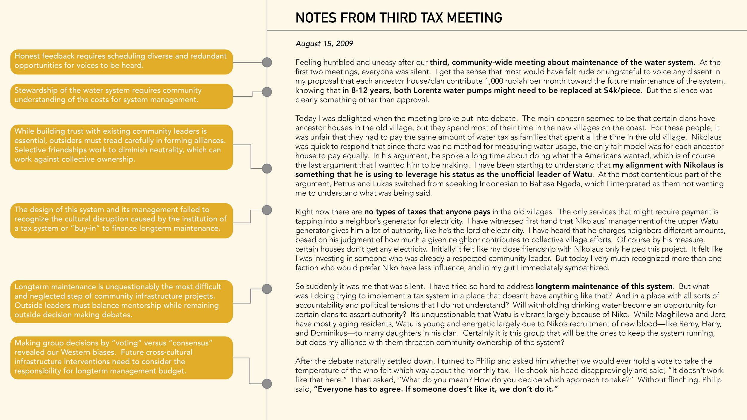 Notes from third tax meeting held on August 15, 2009, discussing water system maintenance, community trust, taxation, infrastructure, and decision-making.