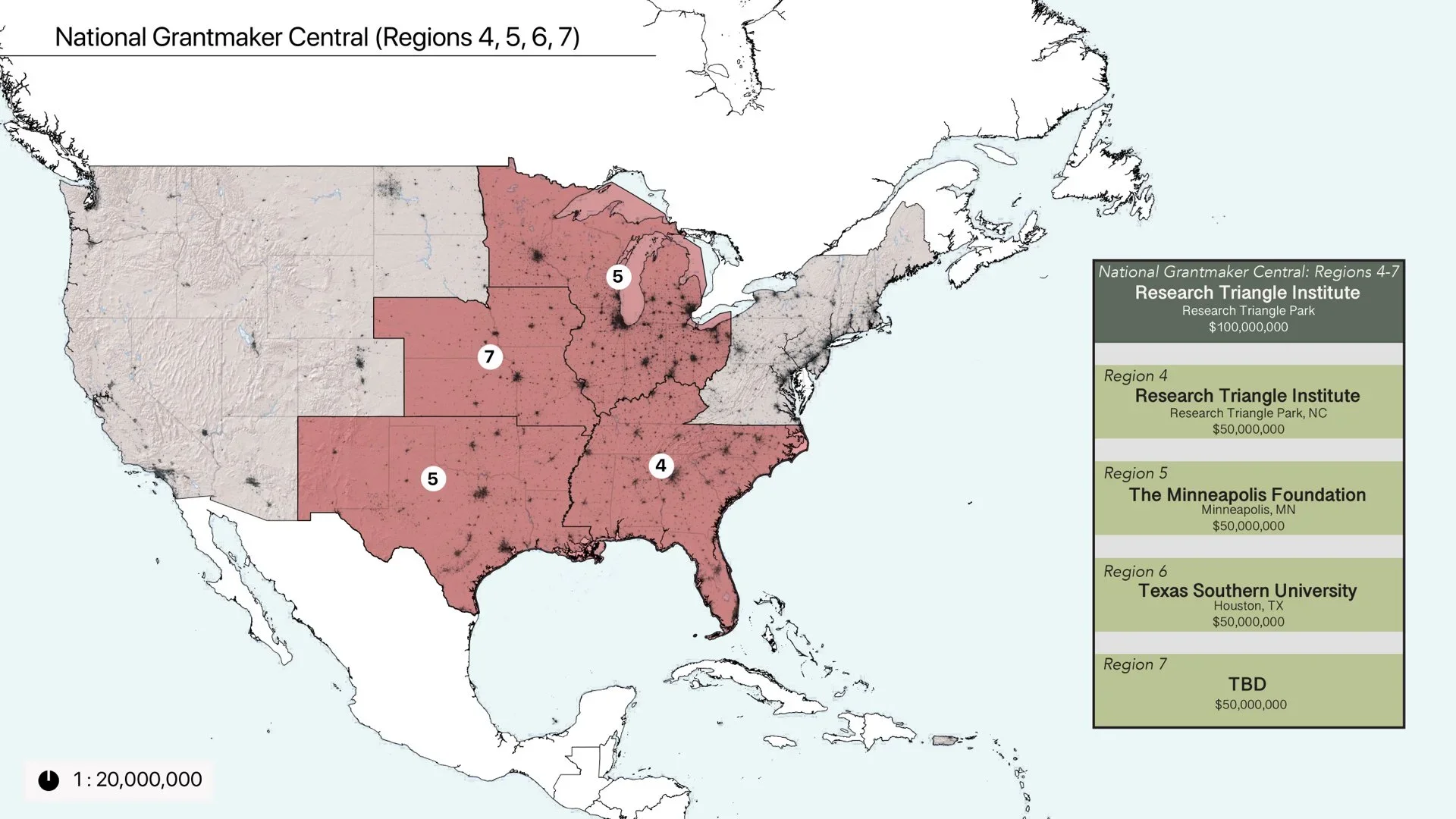 Map of the United States showing regions 4 through 7 involved in a grantmaking program, with markers indicating research sites. Legend details funding amounts for each region's research institute, with a focus on the Research Triangle Institute and associated centers.