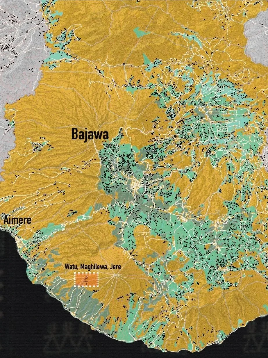 Map of a Ngada Bajawa region of Flores, Indonesia, including, Aimere, Bajawa, Gunung Inerie, Watu, Maghilewa, Jere.