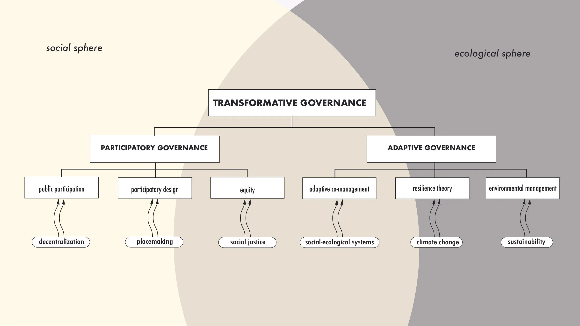 A Transformative Governance diagram showing both social and ecological lineages, highlighting participatory governance, public participation,  decentralization, equity, social justice, adaptive co-management, social-ecological systems, resilience.