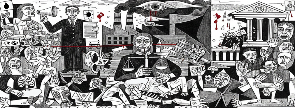 A black-and-white mural depicting themes of social injustice, environmental destruction, and political protest. It features figures with expressive faces, a person with a megaphone, industrial factories emitting smoke, an eye in the sky, scales of justice, and damaged buildings, illustrating chaos and societal issues.
