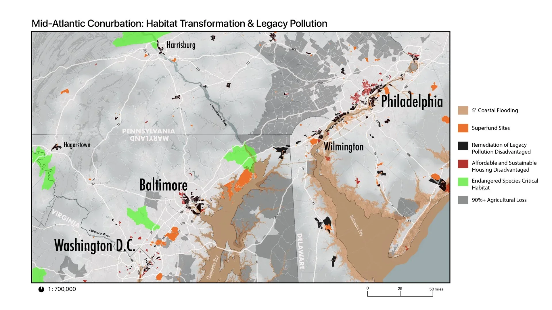 A geospatial map exploring habitat transformation and legacy pollution in the Mid-Atlantic region between Philadelphia, Baltimore, and Washington DC.