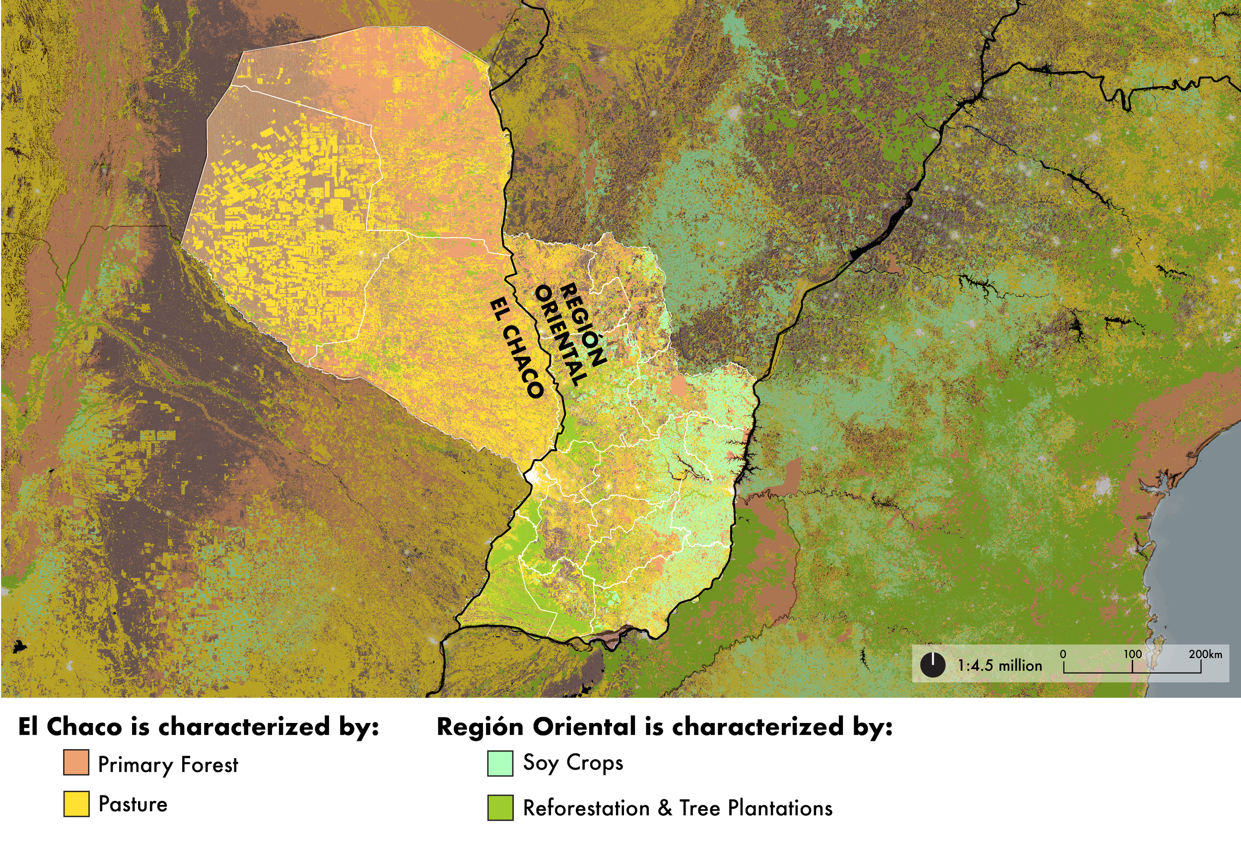 Geospatial map of Paraguay that shows the El Chaco region characterized by primary forest and cattle pasture, while the Region Oriental is characterized by soy crops and tree plantations.