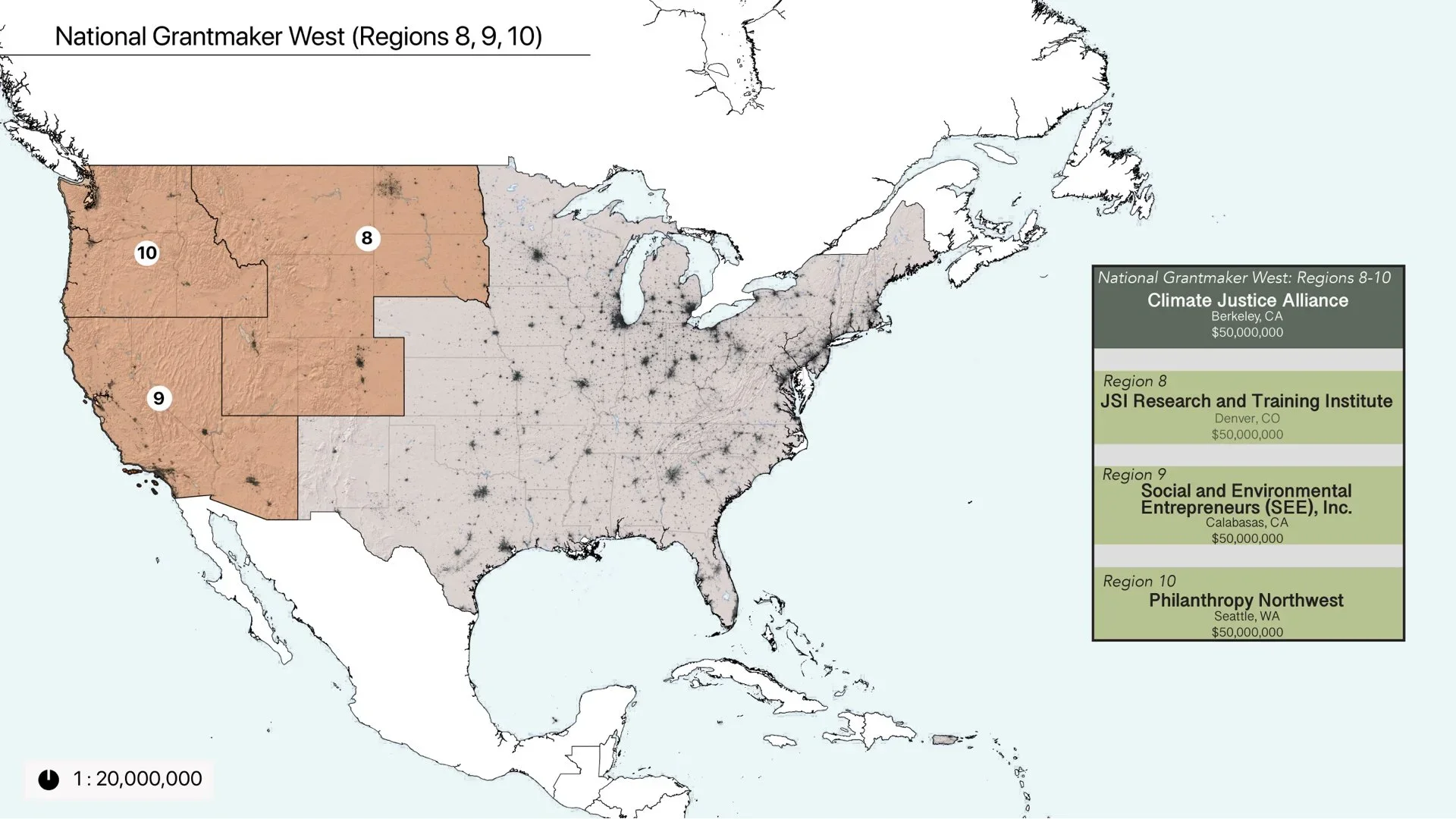 A map of the United States showing regions 8, 9, and 10 for the National Grantmaker West. Regions 8, 9, and 10 are highlighted in different shades of orange and green. The map includes a legend on the right with details of the regions and their grantees, including Climate Justice Alliance in Berkeley, California; JSI Research and Training Institute in Denver, Colorado; Social and Environmental Entrepreneurs in Calabasas, California; and Philanthropy Northwest in Seattle, Washington. The map also features a scale bar indicating 20 million.