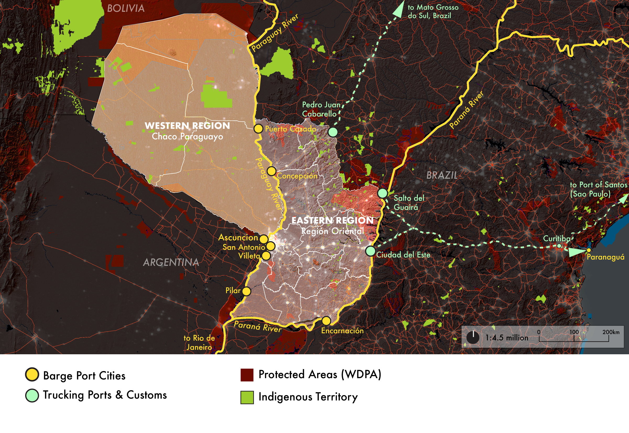 Geospatial map of Paraguay depicts barge port cities, trucking port border crossings, WDPA Protected areas, and indigenous territory.