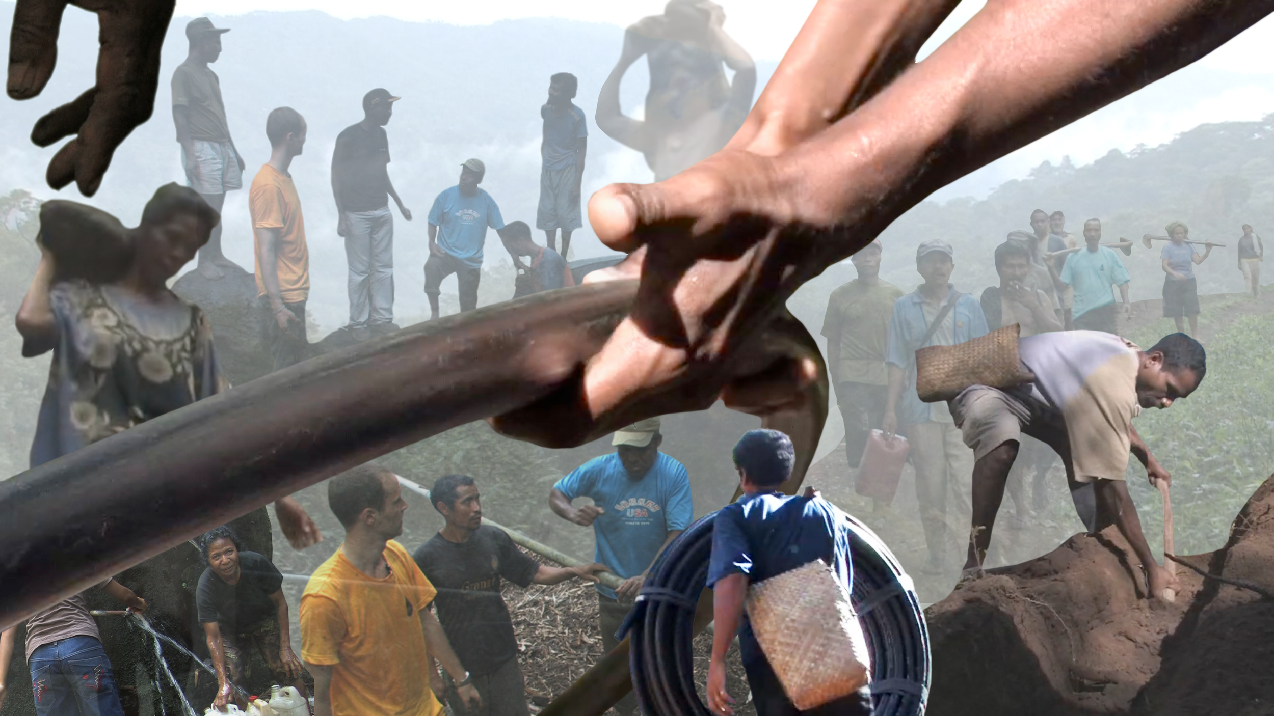 Photo collage by Malcolm Wyer of PVC piping installation for solar-powered water pump system in Watu and Maghilewa villages in Flores, Indonesia.