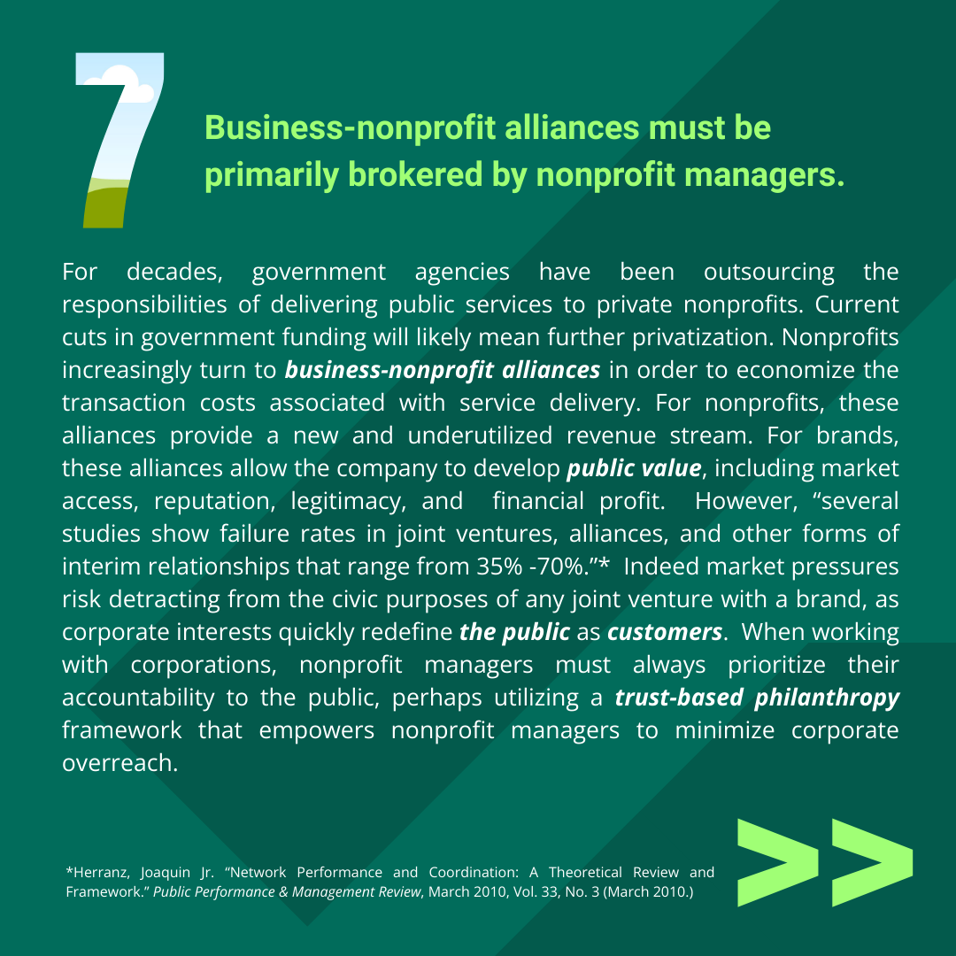 Examines government outsourcing, nonprofit-business alliances, and trust-based philanthropy, highlighting risks of corporate overreach and strategies for public accountability.