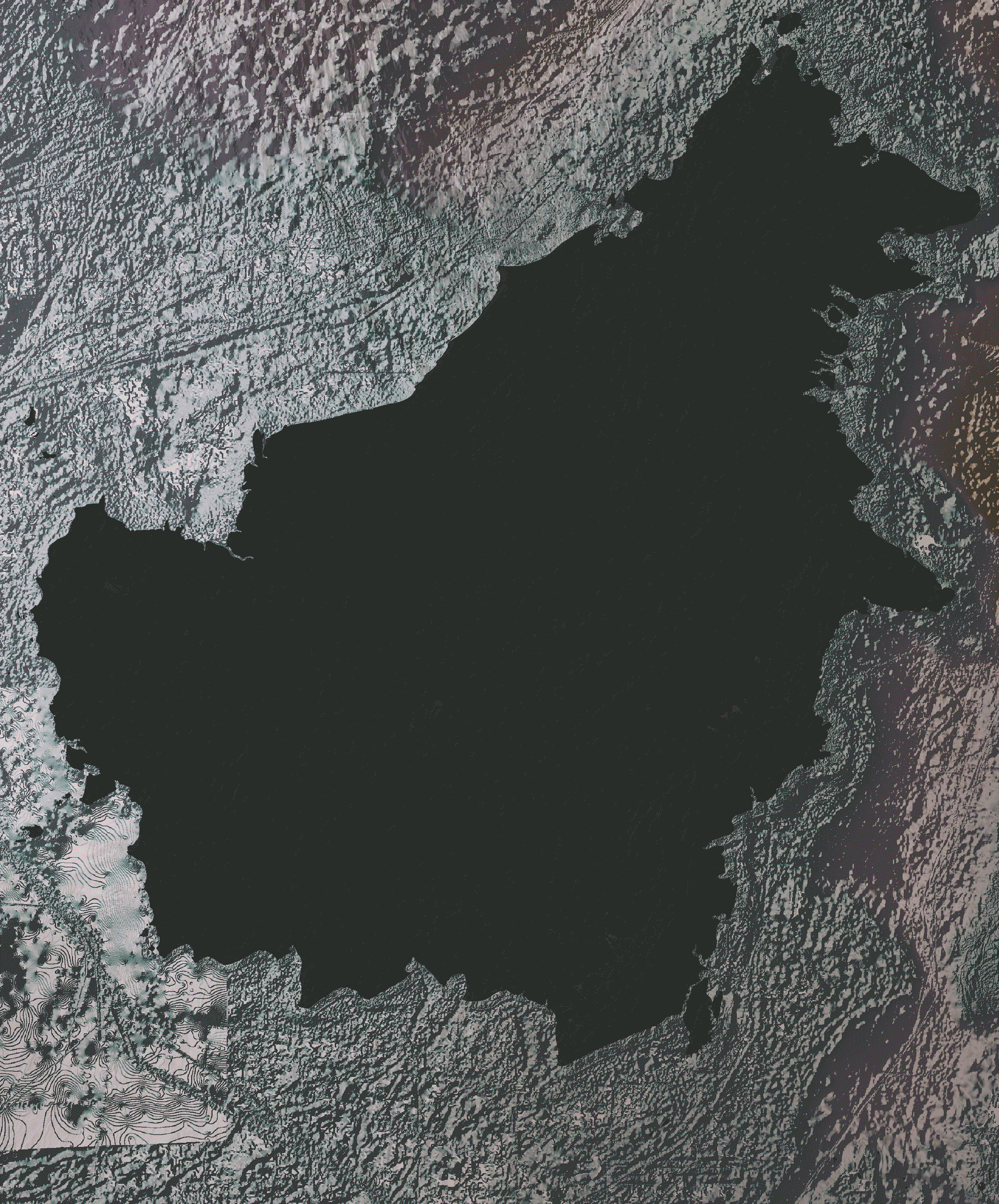 Geospatital map layers of Borneo, Indonesia, for video map project by Malcolm Wyer titled Metabolic Borneo (2025).