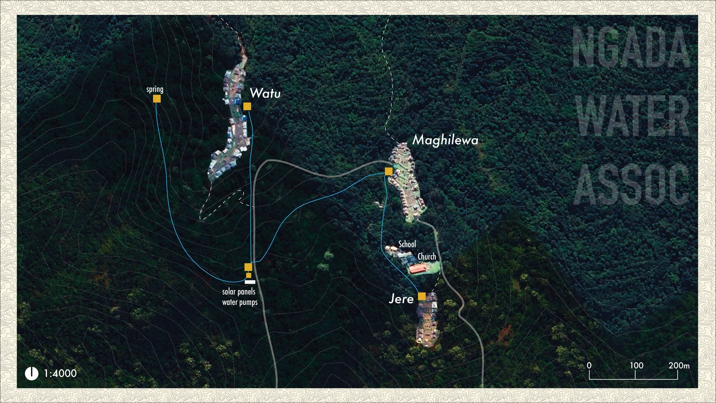 Satellite Map of proposed water system in Watu, Maghilewa, and Jere in Ngada Bajawa region of Flores Indonesia.