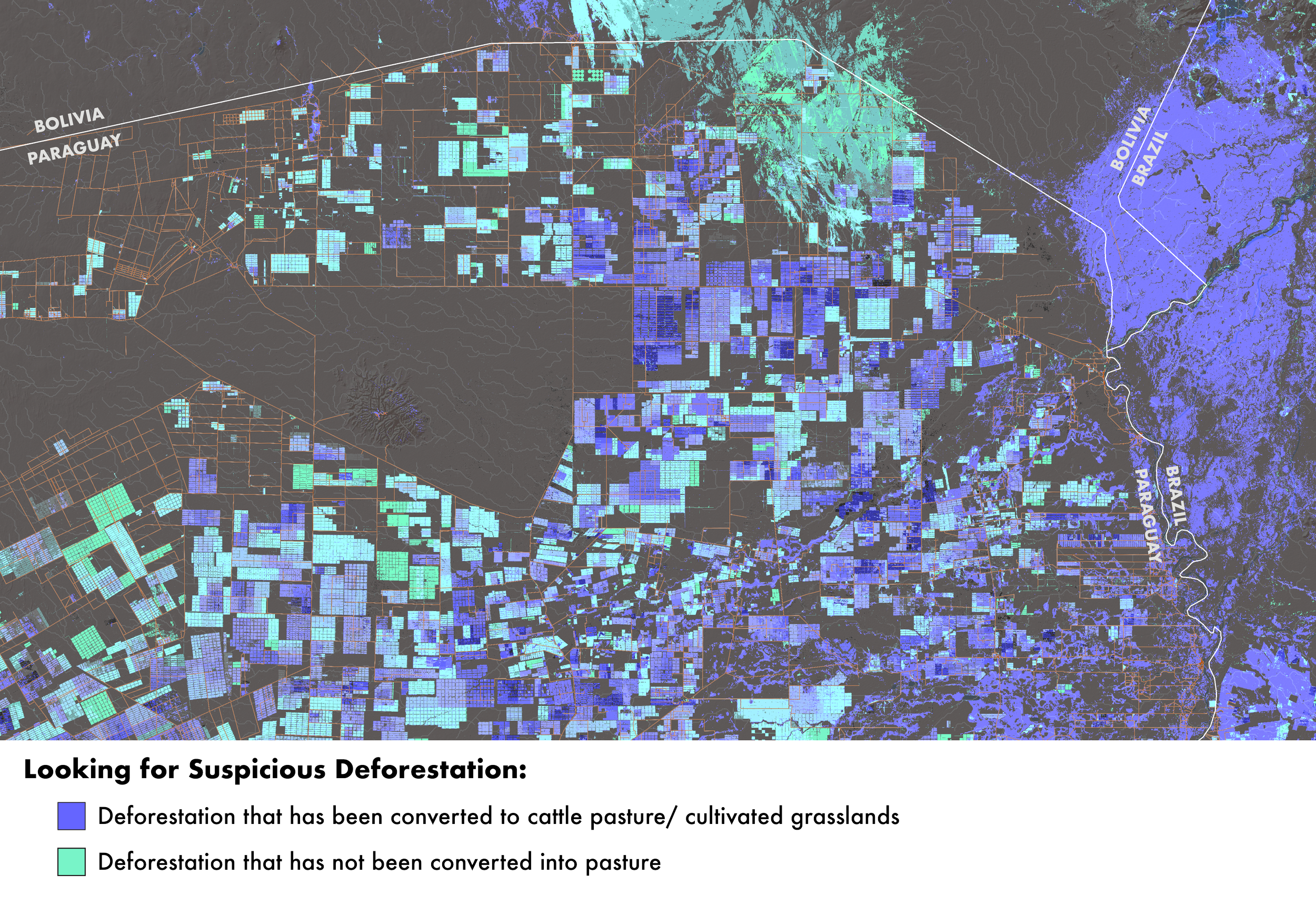 Geospatial map of Alto de Paraguay highlights deforestation that has not been converted to cattle pasture, raising suspicions about legal INFONO permitting.