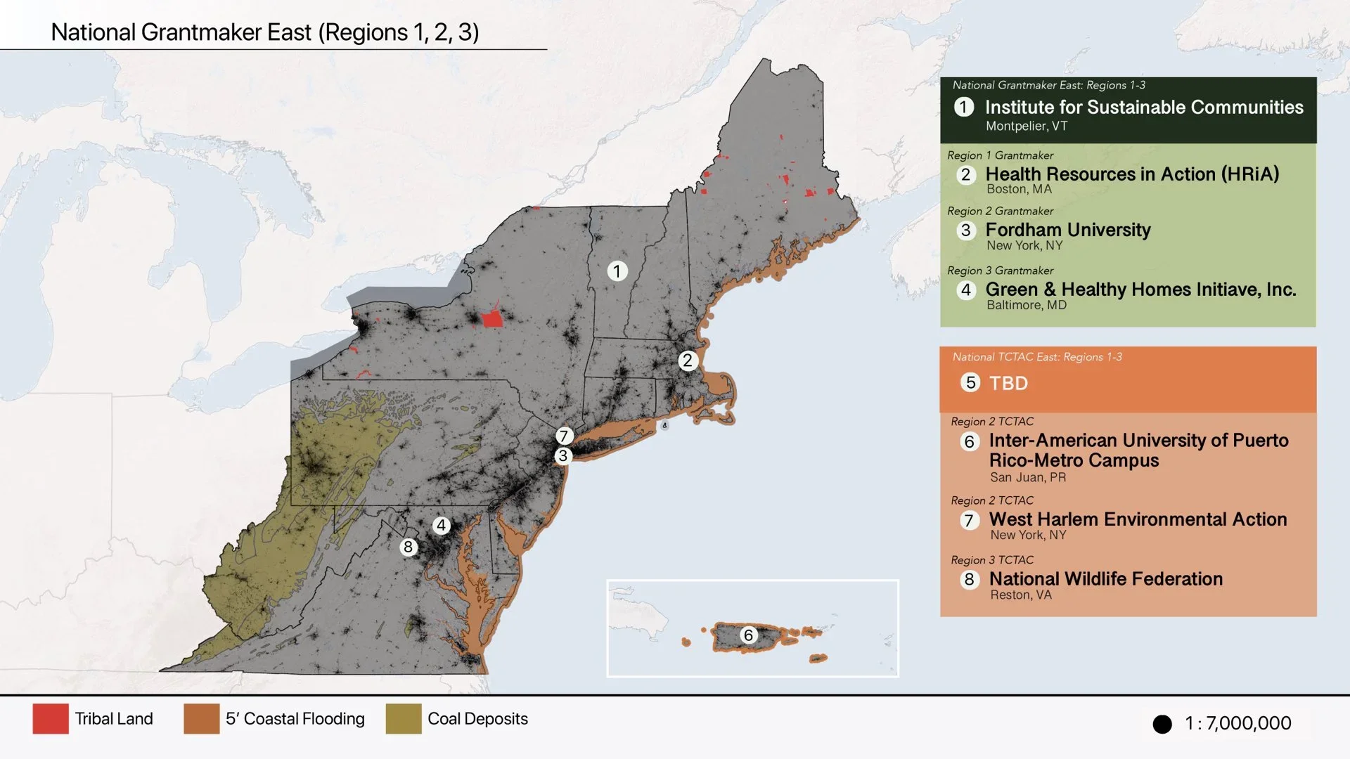 Map of eastern regions of the United States showing areas awarded grants by the National Grantmaker East, with labels and color-coding indicating different initiative locations and types of land or flooding.