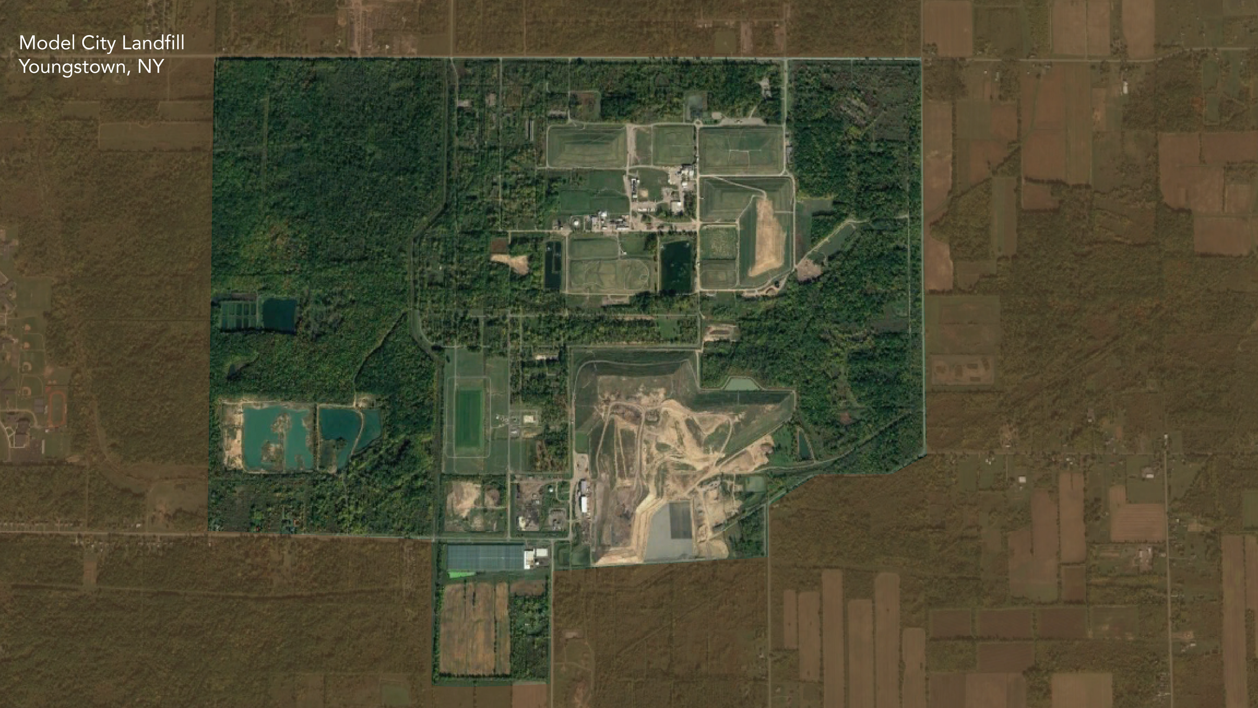 A satellite view of Model City Landfill in Youngstown, NY, showing the landfill site with multiple sections, ponds, and greenery, surrounded by agricultural fields and forests.