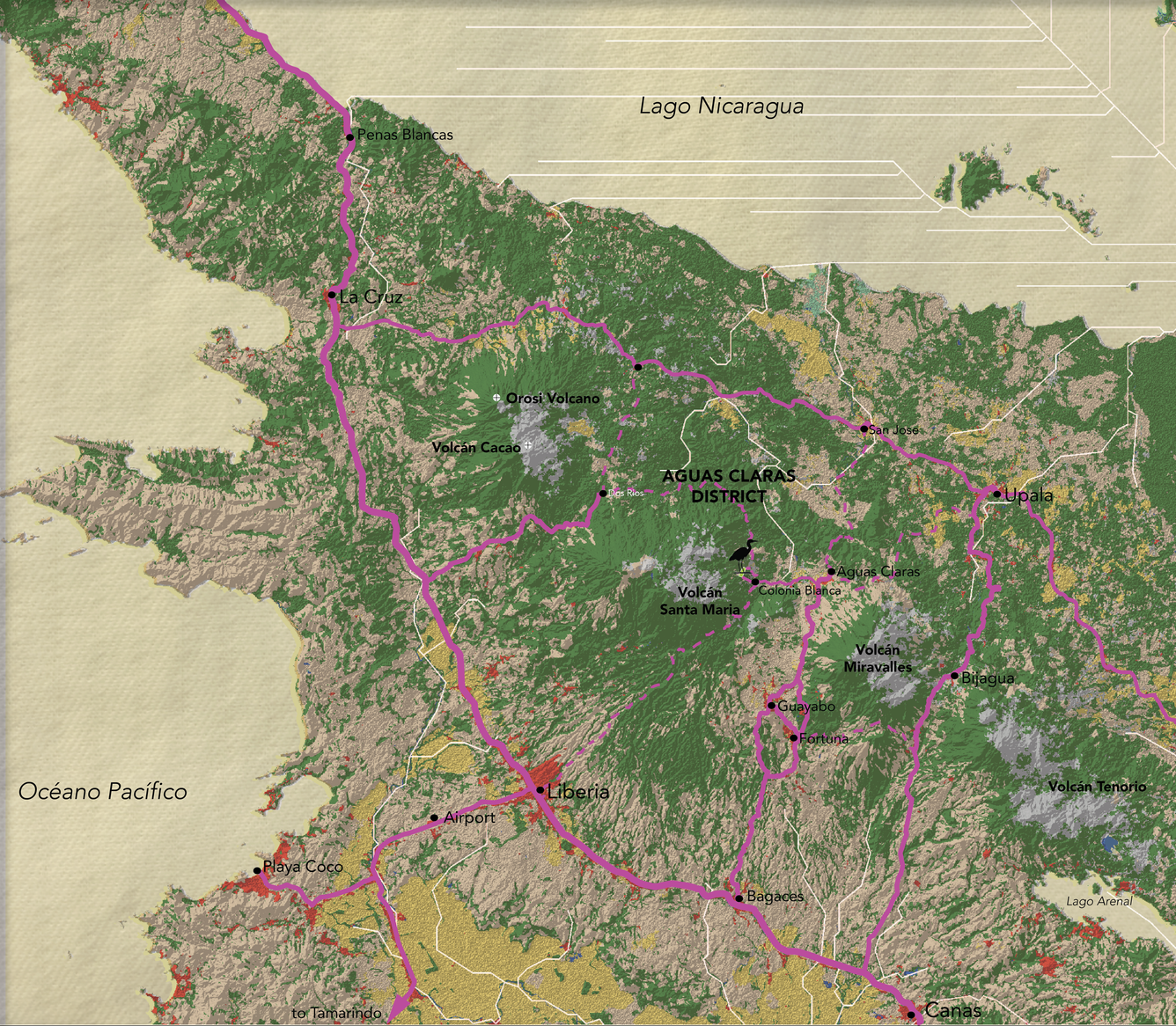 A geospatial land use map of Rancho Garza, depicting Guanacaste and Alajuela Provinces of Costa Rica as well as Lake Nicargua.