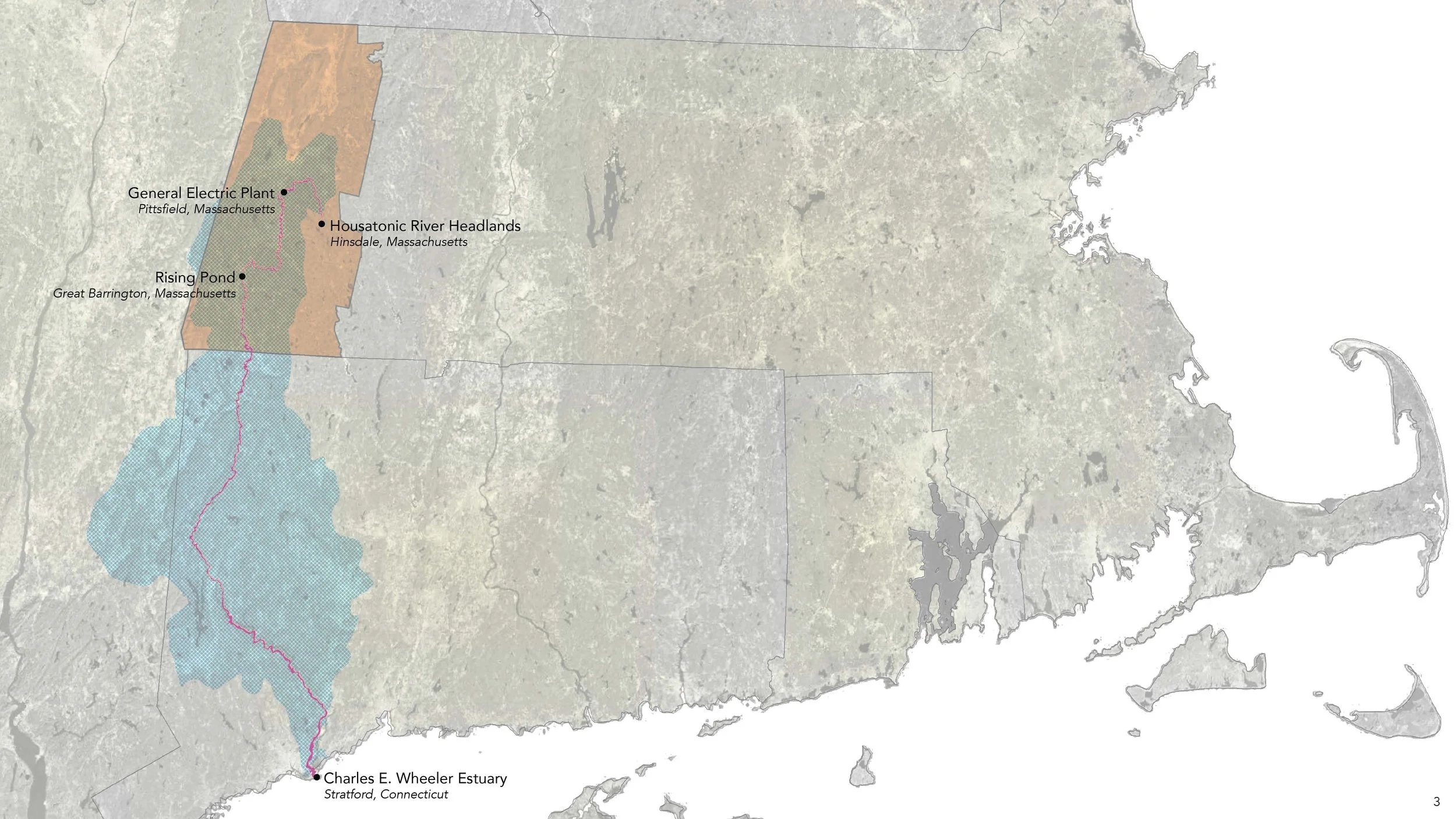 Geospatial map of the Housatonic River watershed, noting General Electric Company Plant in Pittsfield and Rising Pond, site of PCB waste landfill in Great Barrington, Massachusetts.