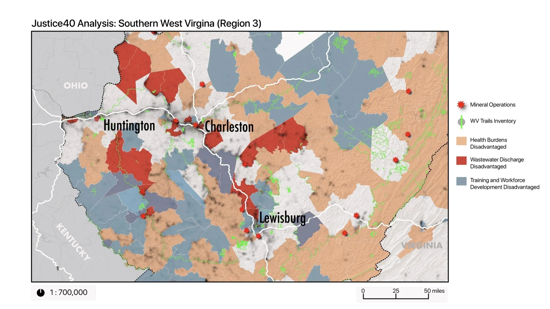 Map of Southern West Virginia highlighting regions with health burdens, wastewater discharge issues, training and workforce disadvantages, and locations of mineral operations and trail inventory, featuring cities Huntington, Charleston, and Lewisburg.