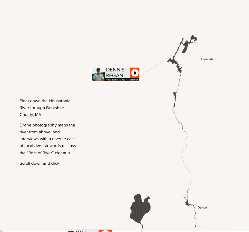 Interactive video map by Malcolm Wyer titled "Housatonic River Stewards." Filmed in Berkshire County, Massachusetts.