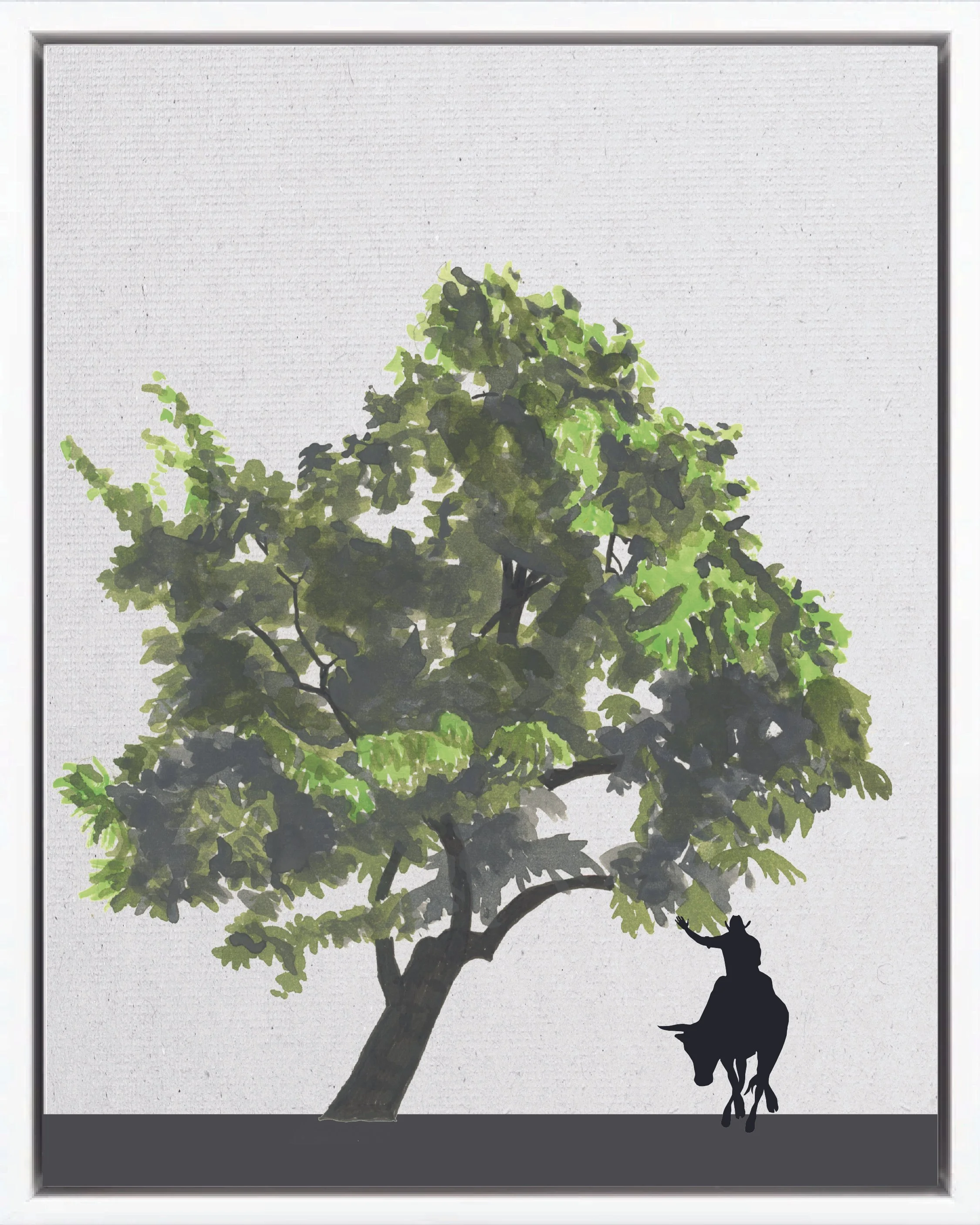 Hand-illustrated portrait of Guaba (Ice-cream-bean; guama, pepeto, cuajiniquil, shimbillo), Inga spp., nitrogen-fixing pioneer reforestation tree of the Isthmian-Atlantic slope, at mature height with figure for scale.