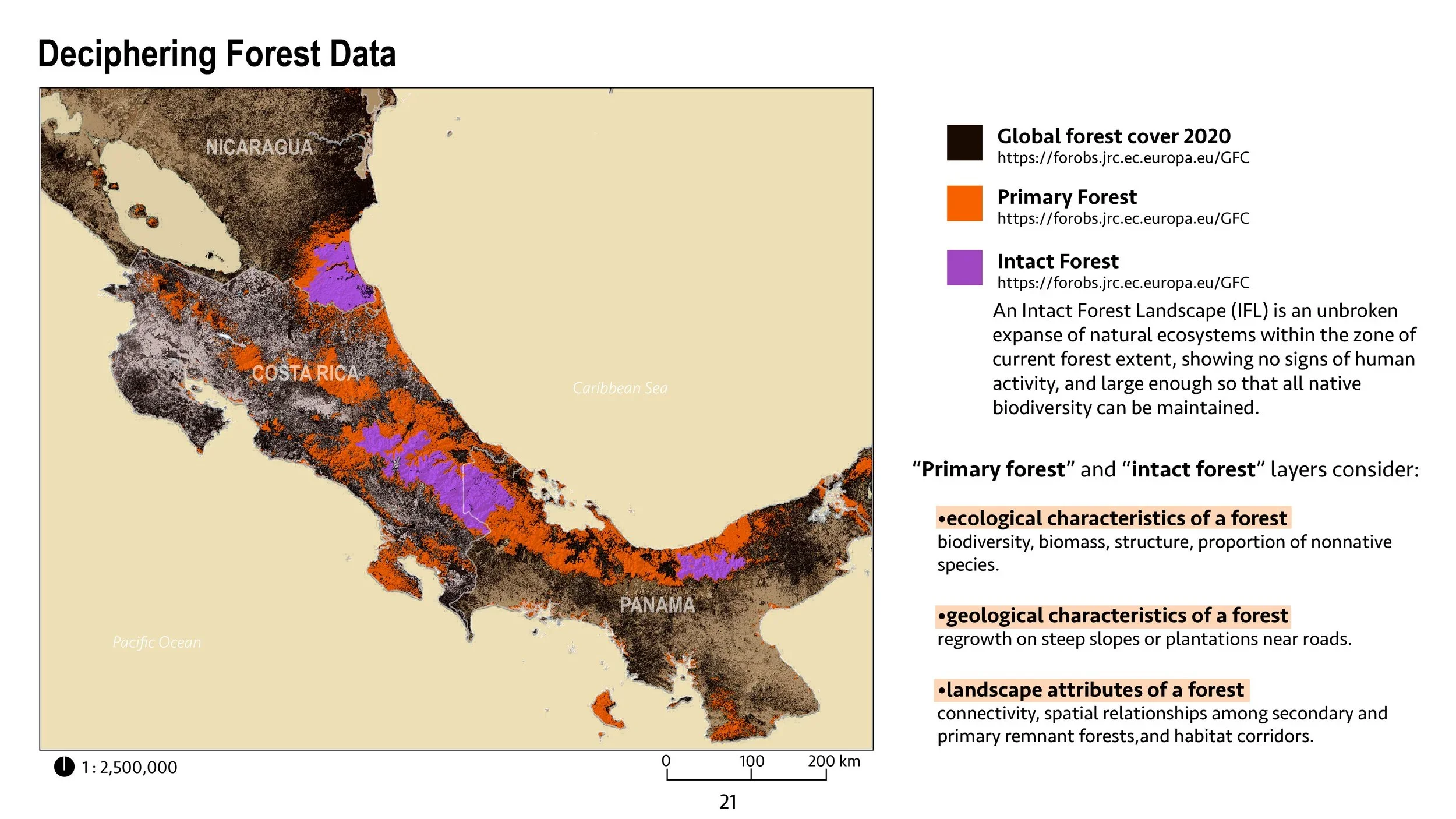 A map of Costa Rican's forest cover, emphasizing global forest cover 2020, primary forest, and intact forest layers.
