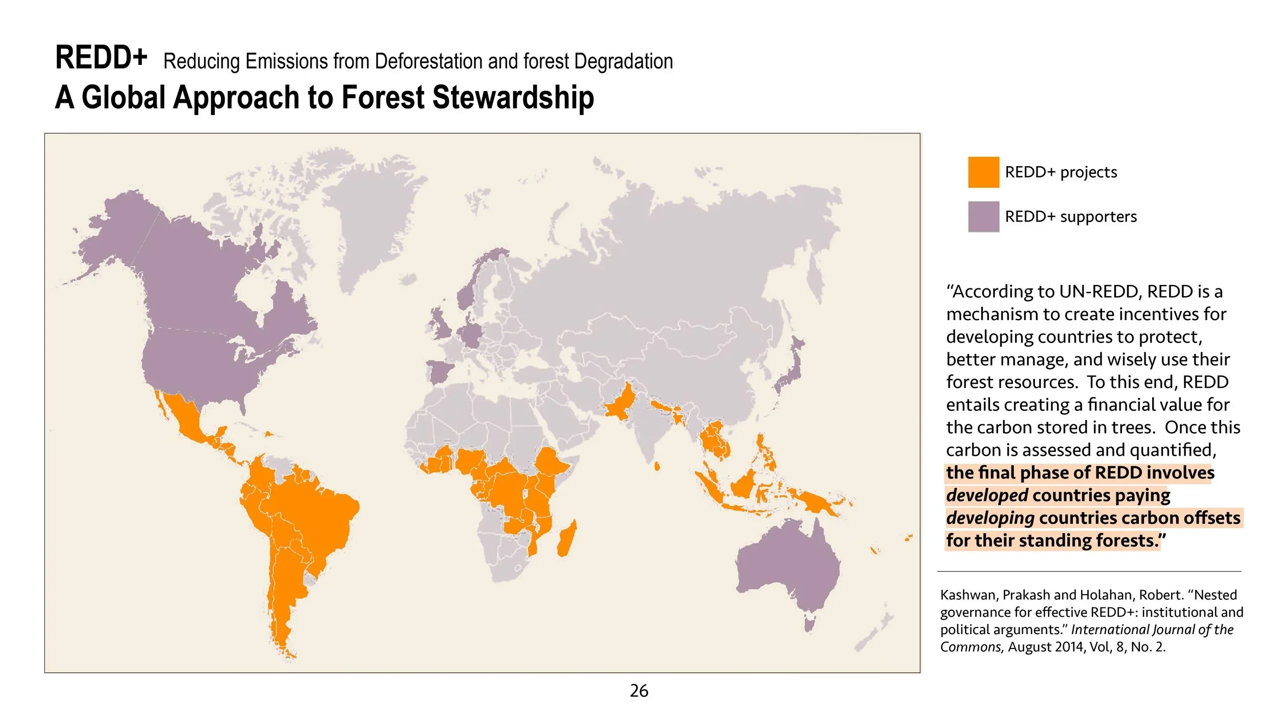 A global map depicting countries of REDD+ projects (in orange) and countries that support REDD+ projects (in purple.)