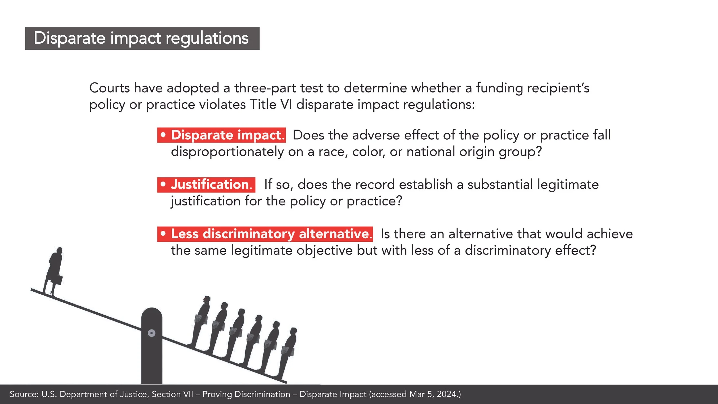 A diagram of the three part test to disparate impact regulations.