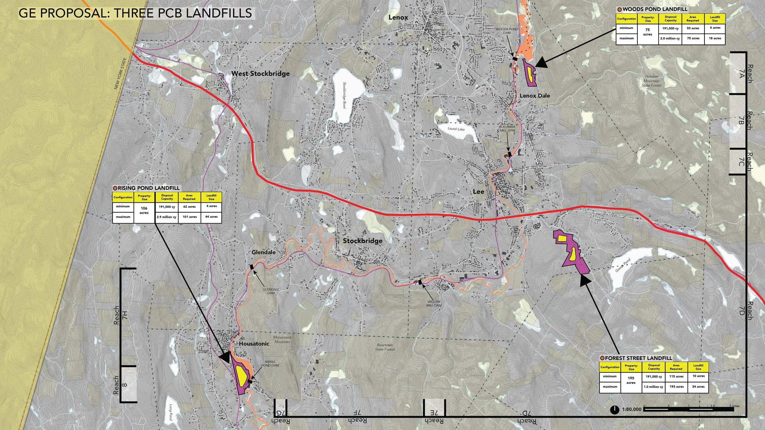 A map showing the General Electric's three proposed PCB waste landfills: Woods Pond Landfill in Lenox Dale, Forest Street Landfill in Lee, and Rising Pond Landfill in Great Barrington, Massachusetts.