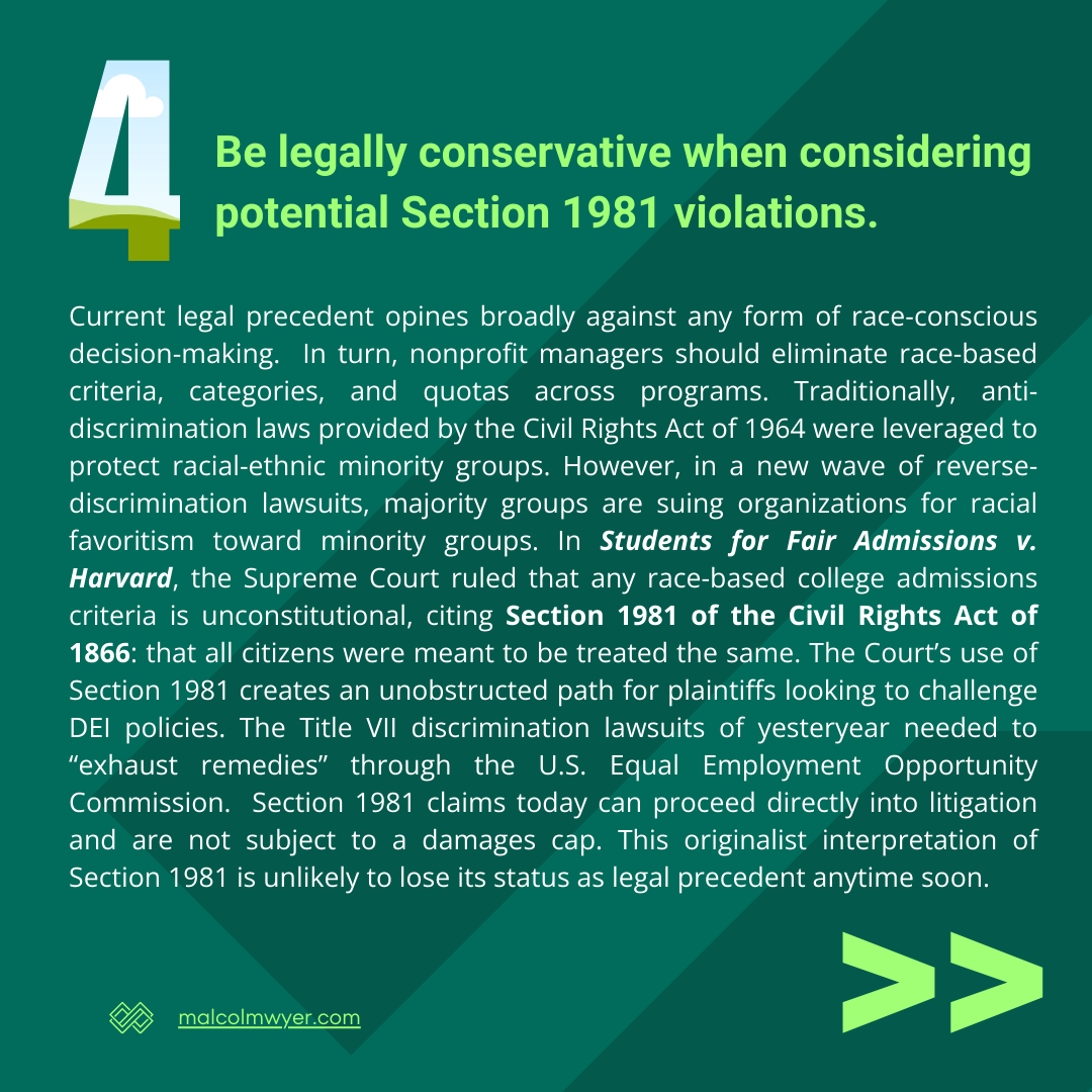 Examines legal challenges to race-conscious policies, highlighting Students for Fair Admissions v. Harvard and the implications of Section 1981 for nonprofit DEI programs.