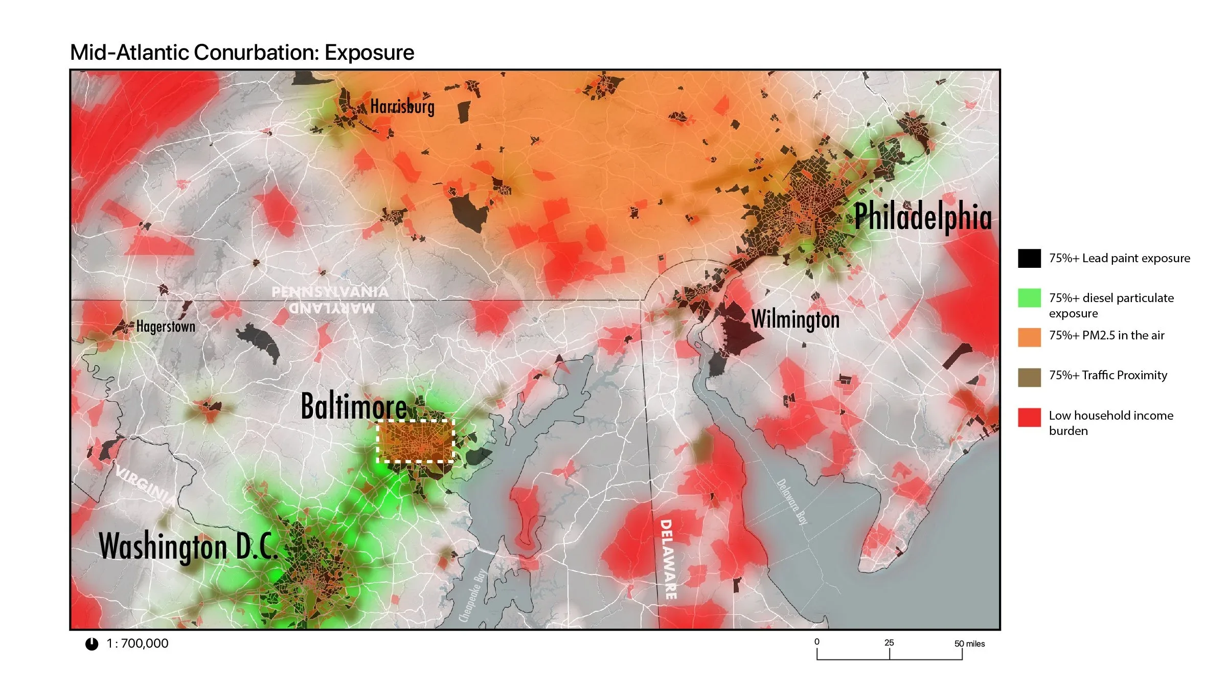Geospatial map exploring lead paint exposure, diesel particulate exposure, and PM2.5 exposure in the Mid-Atlantic region between Philadelphia, Baltimore, and Washington DC.