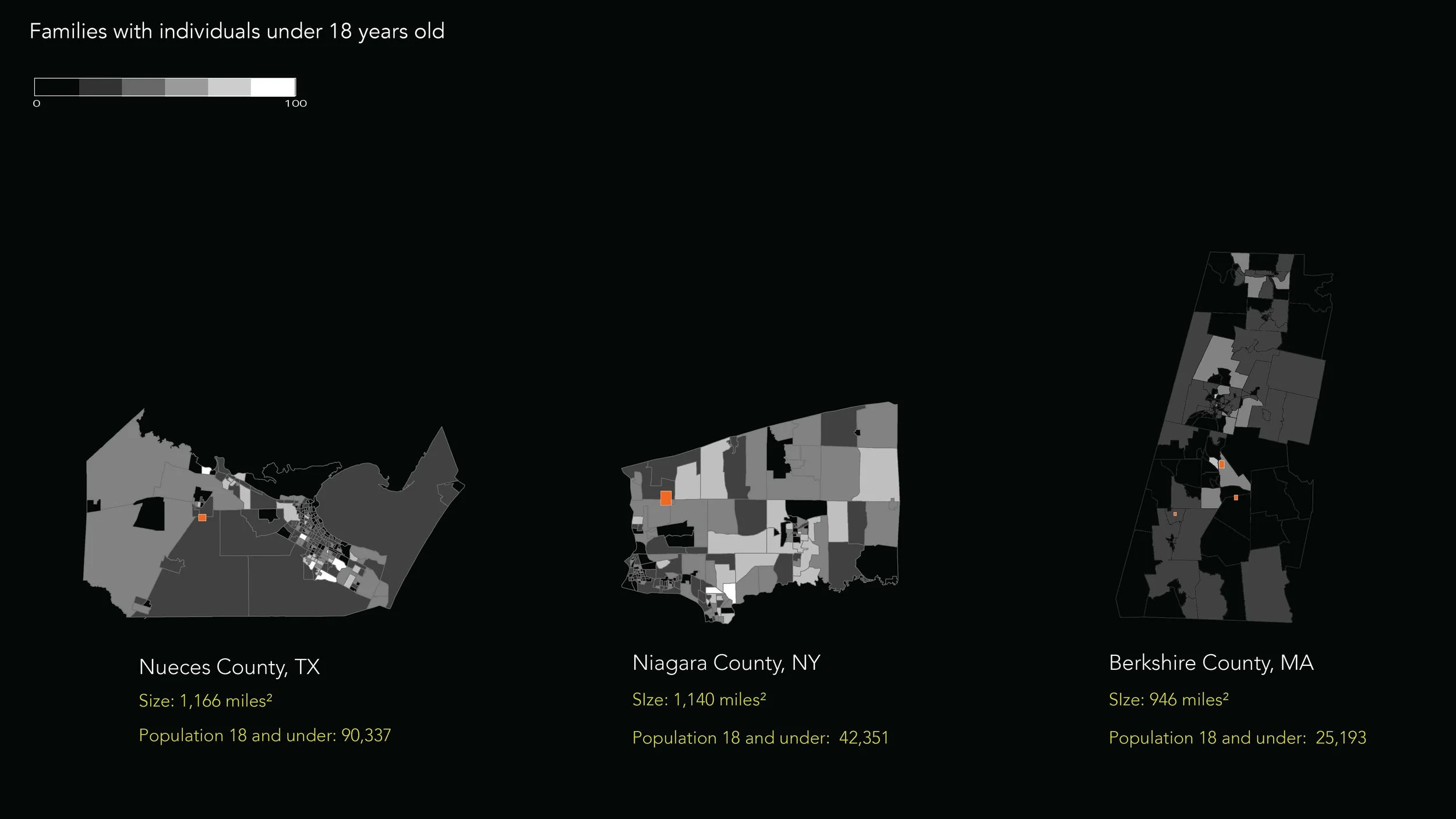 Map comparing families with individuals under 18 years old in Nueces County, Texas; Niagara County, New York; and Berkshire County, Massachusetts, using grayscale shades and orange highlights for selected areas.
