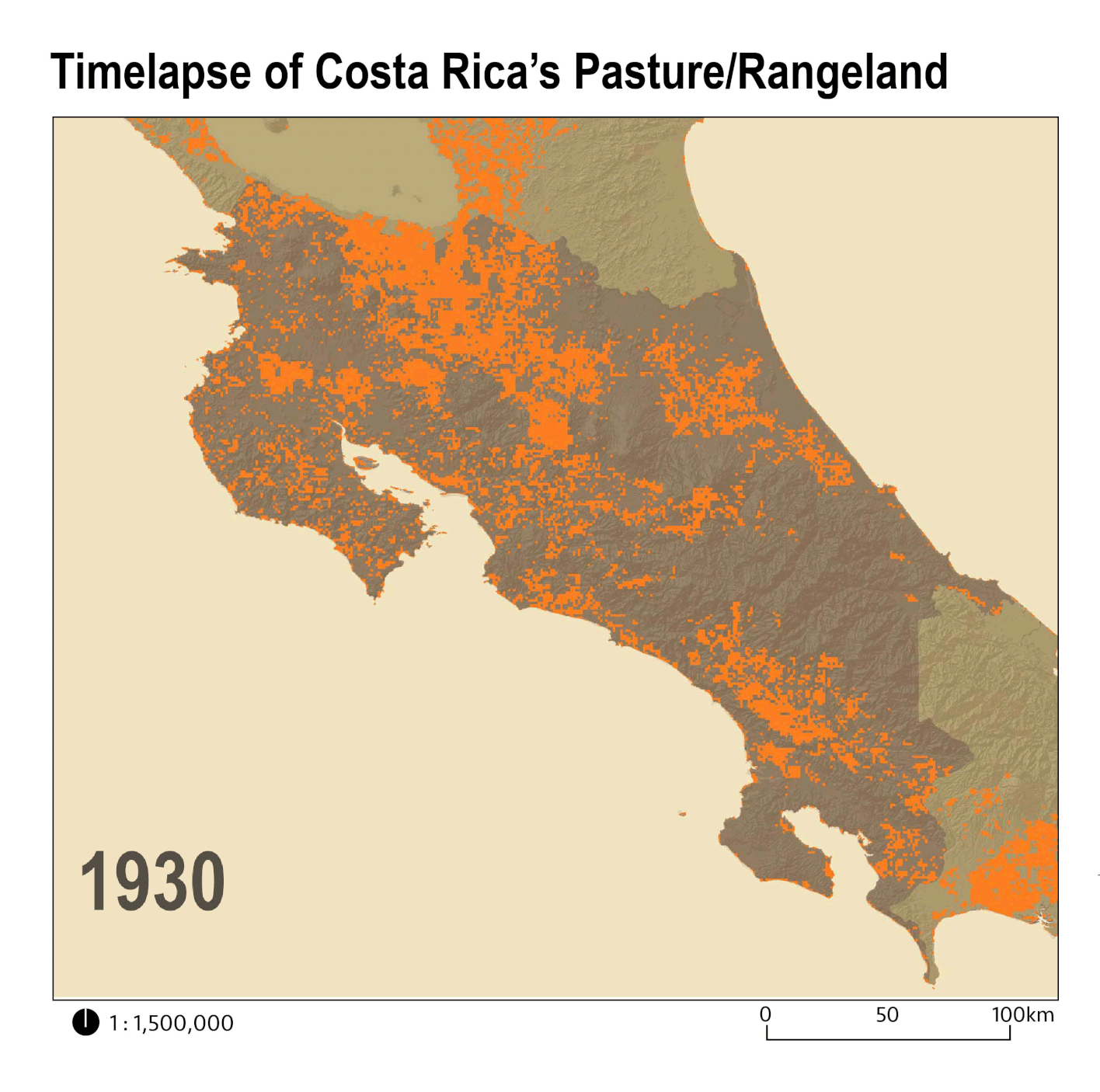 Animated gif showing the increase in cattle pasture and rangeland in Costa Rica between 1930-2019.