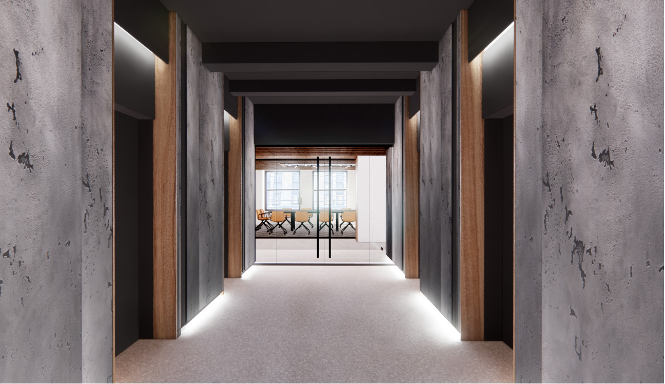 Elevator Corridor with concrete walls and millwork