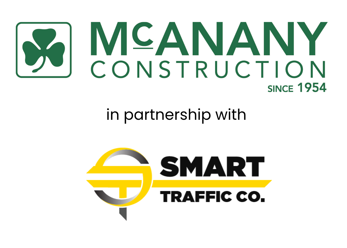 McAnany Construction's logo, above the text in partnership with, above Smart Traffic Co's logo