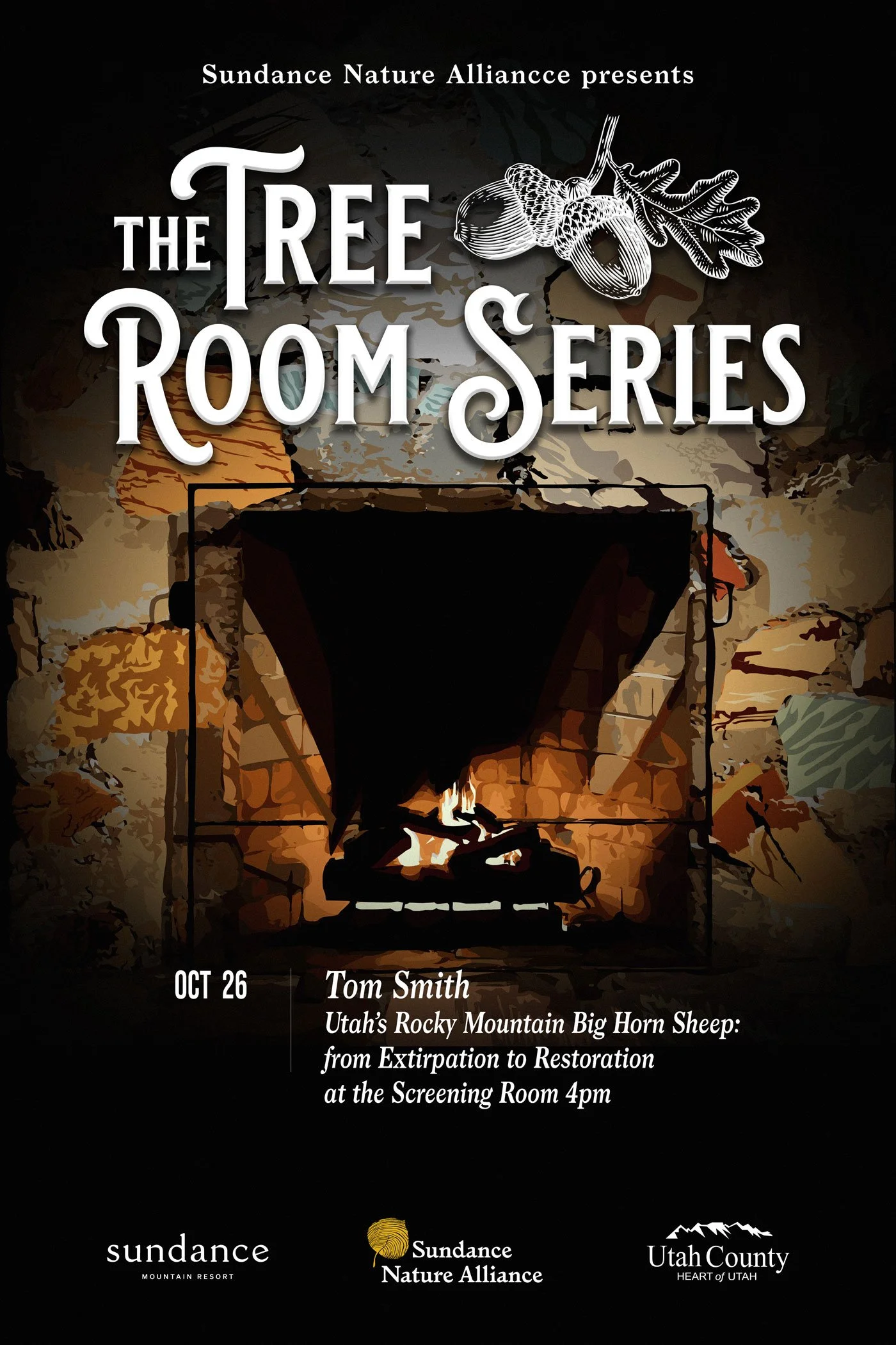 The Tree Room Series Promotion poster. October 26, Tom Smith presents: Utah's Rocky Mountain Big Horn Sheep: From Extirpation to Restoration at the Sundance Mountain Resort Screening Room 4 PM.