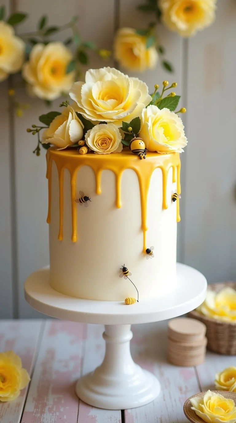 bee-themed baby shower cake display featuring a trendy drip cake