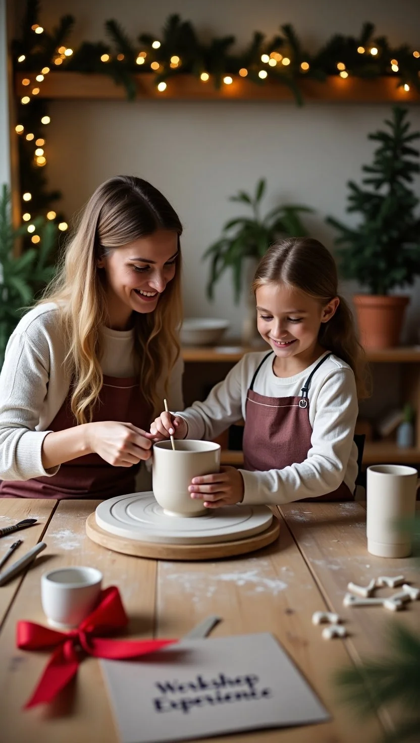 A warm, festive scene of a mother and daughter enjoying a holiday-themed creative workshop together