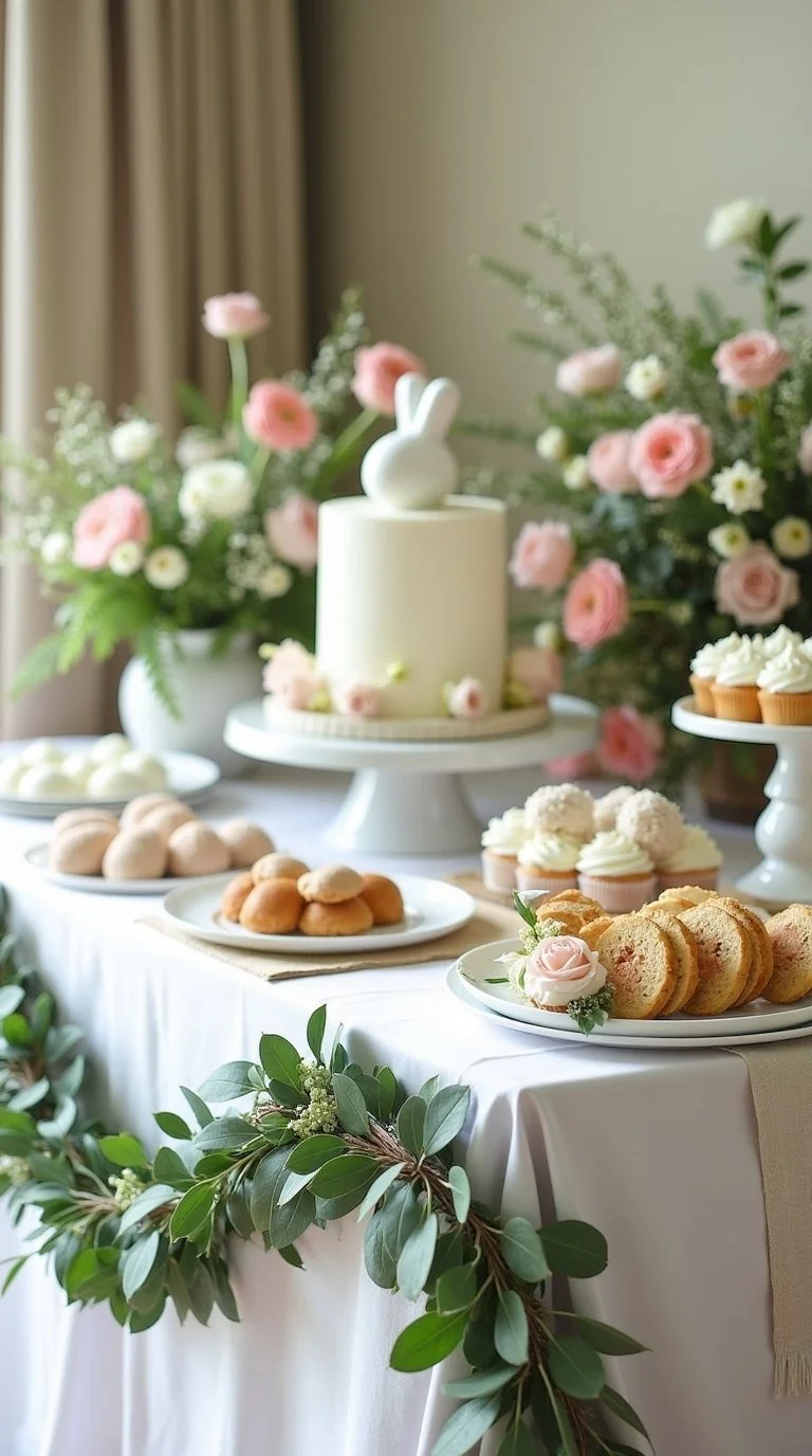 Bunny and Blooms baby shower dessert table