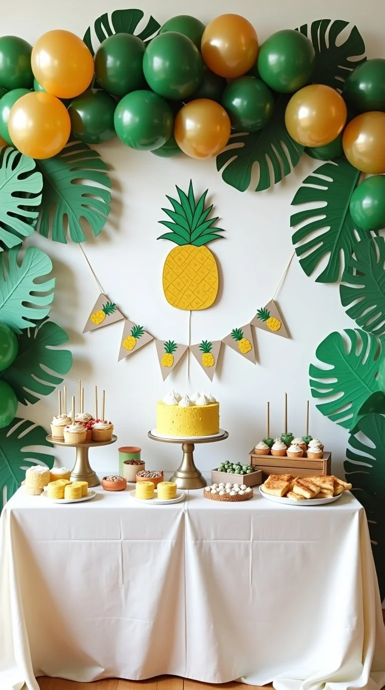 Pineapple-themed baby shower backdrop behind a dessert table