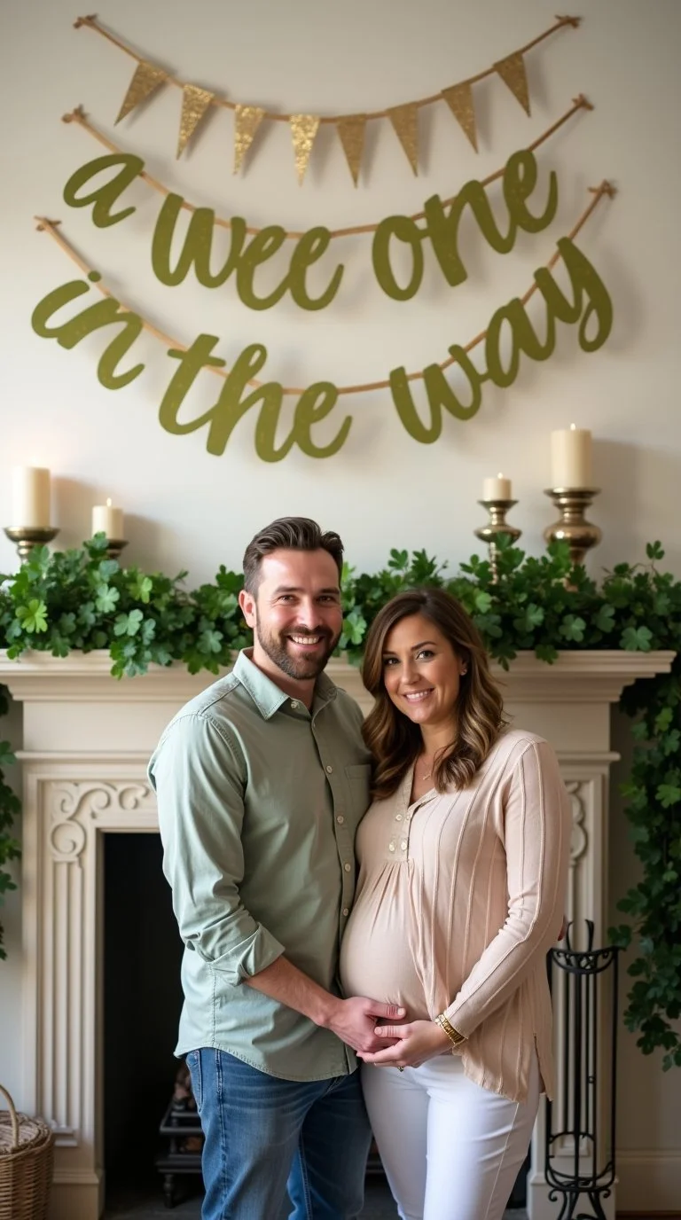 St. Patrick’s Day pregnancy announcement photo featuring a custom banner
