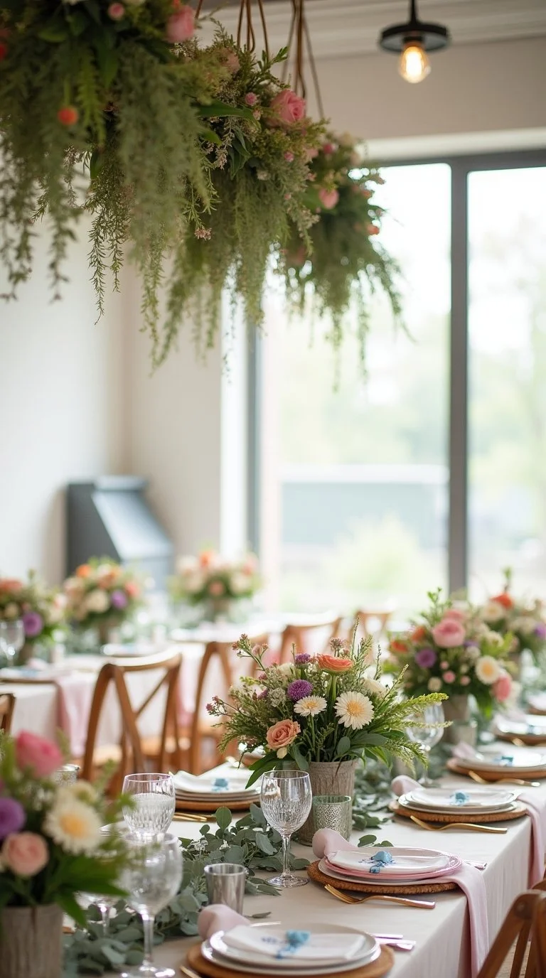 indoor wildflower-themed baby shower setting