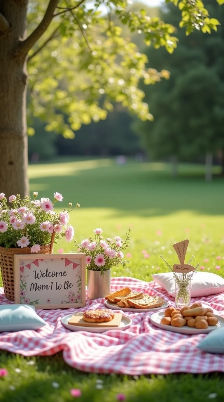 spring picnic baby shower setup in a grassy park
