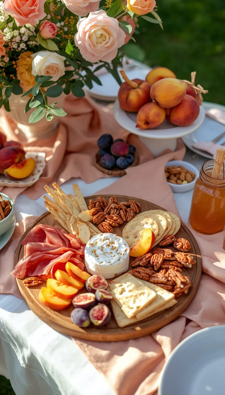 Peach-themed garden brunch baby shower food table
